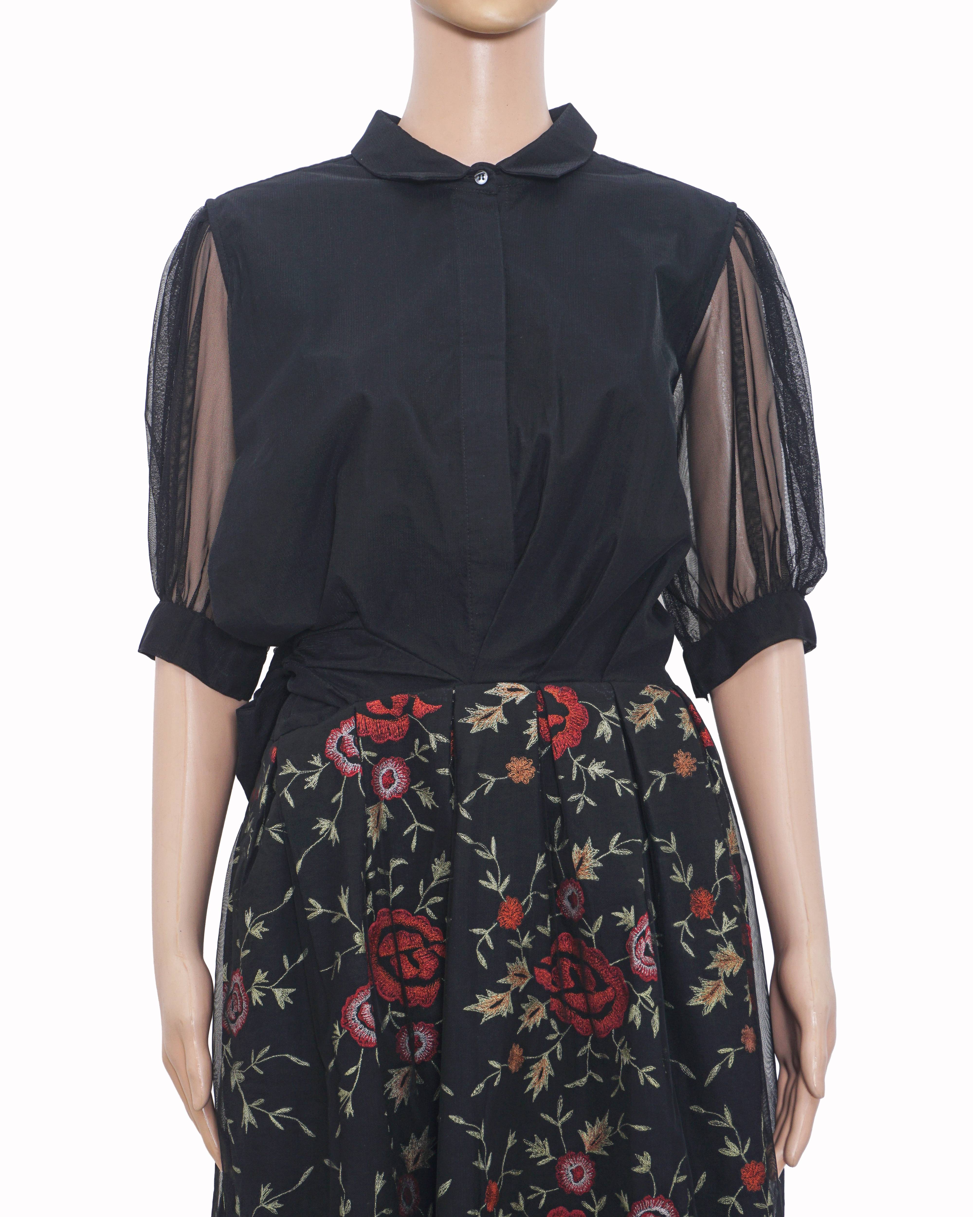 Brunello Cucinelli Black Embroidered Floral Silk-Cotton Midi Dress