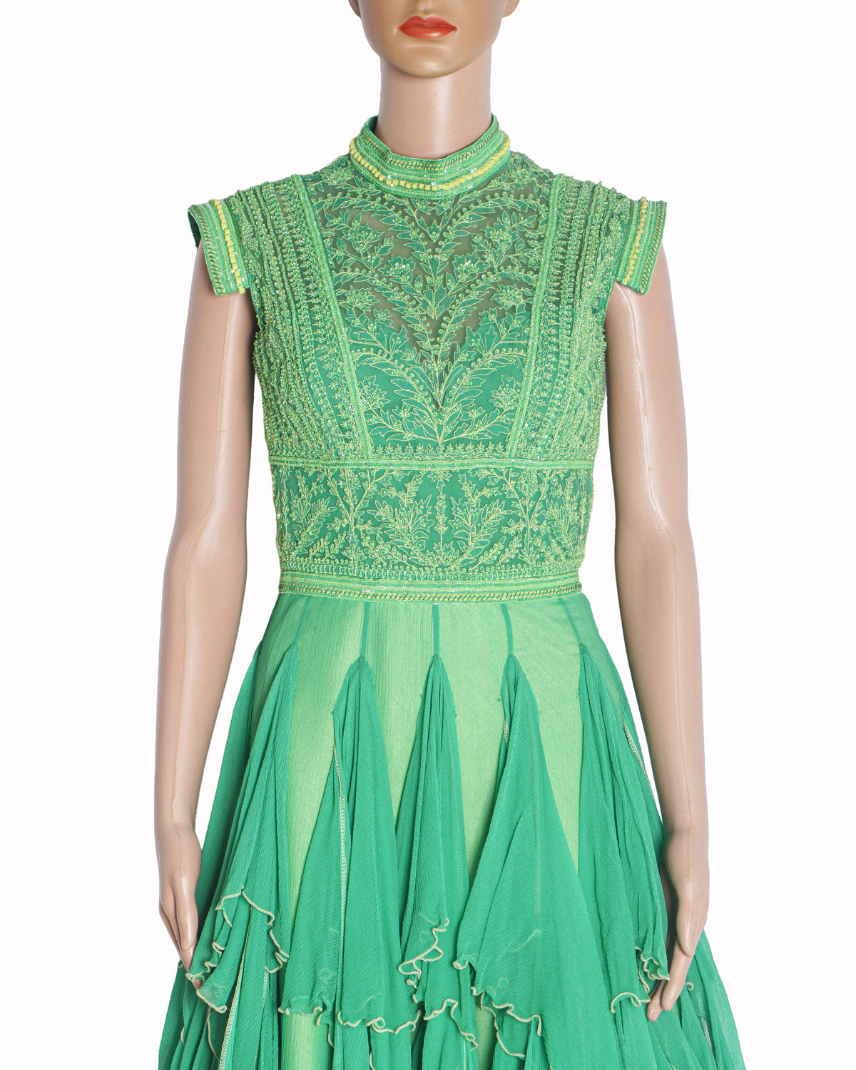 Shantanu & Nikhil Green Ruffle Tiered Couture Gown