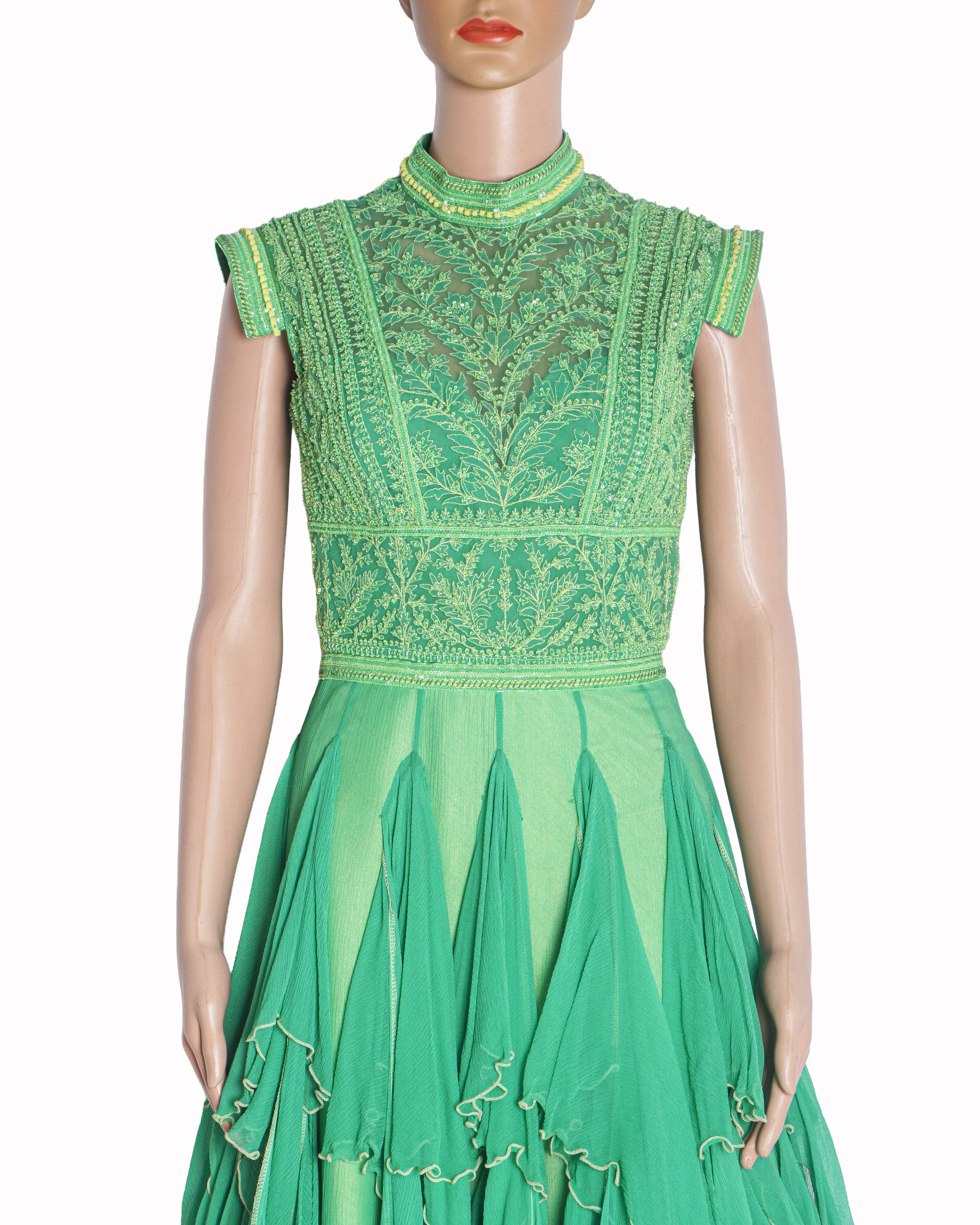 Shantanu & Nikhil Green Ruffle Tiered Couture Gown