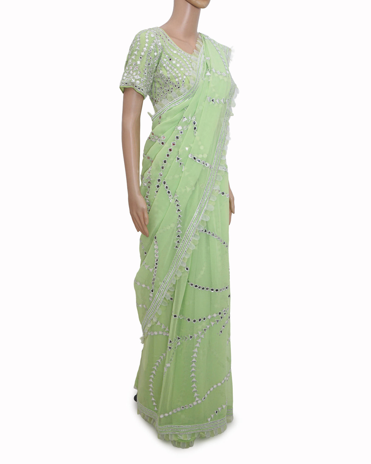 Asal by Abu Jani Sandeep Khosla Lime Green Mirror Work Saree Set