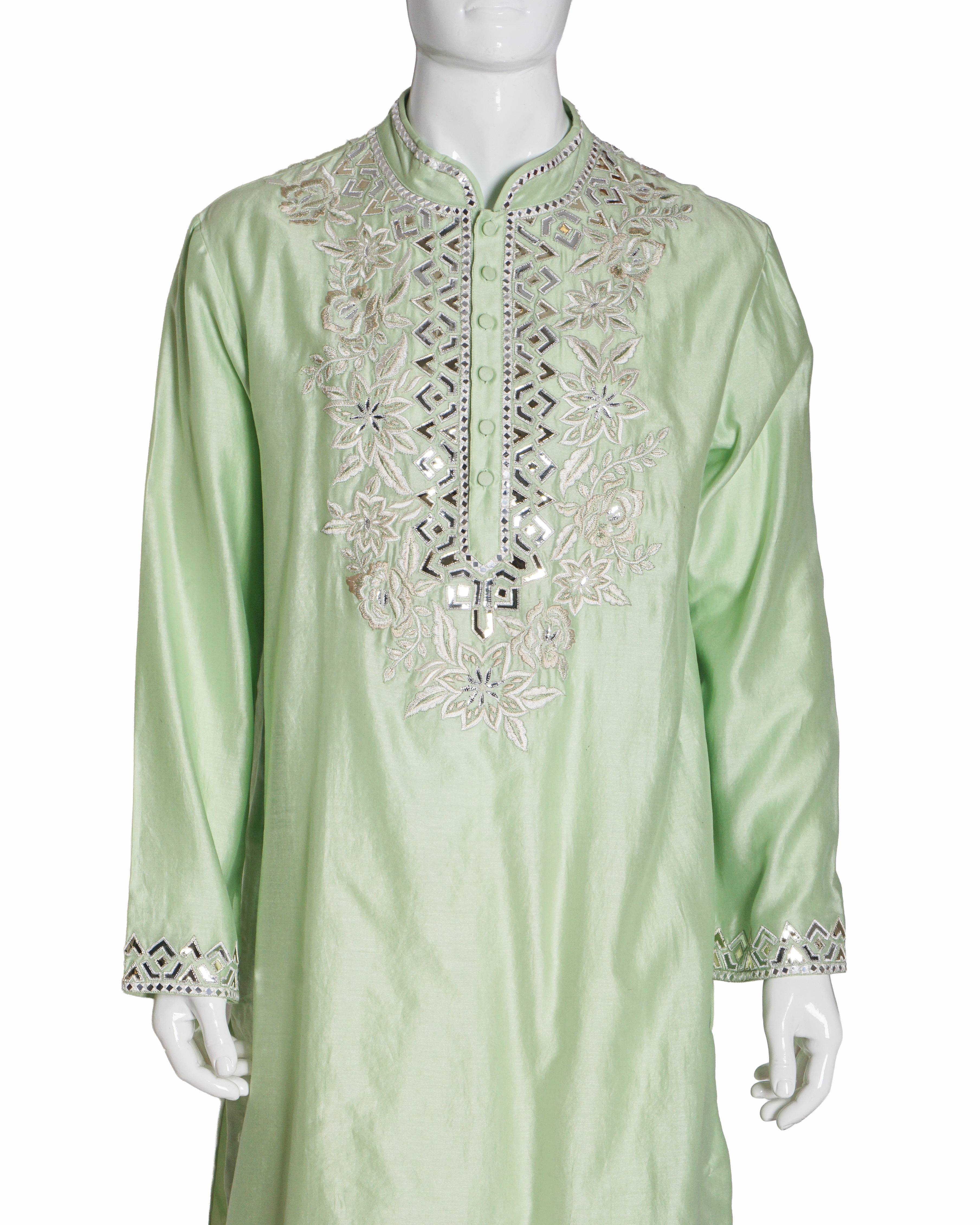 MARD by Abu Sandeep Pista Green Mirror Work Men's Kurta Set