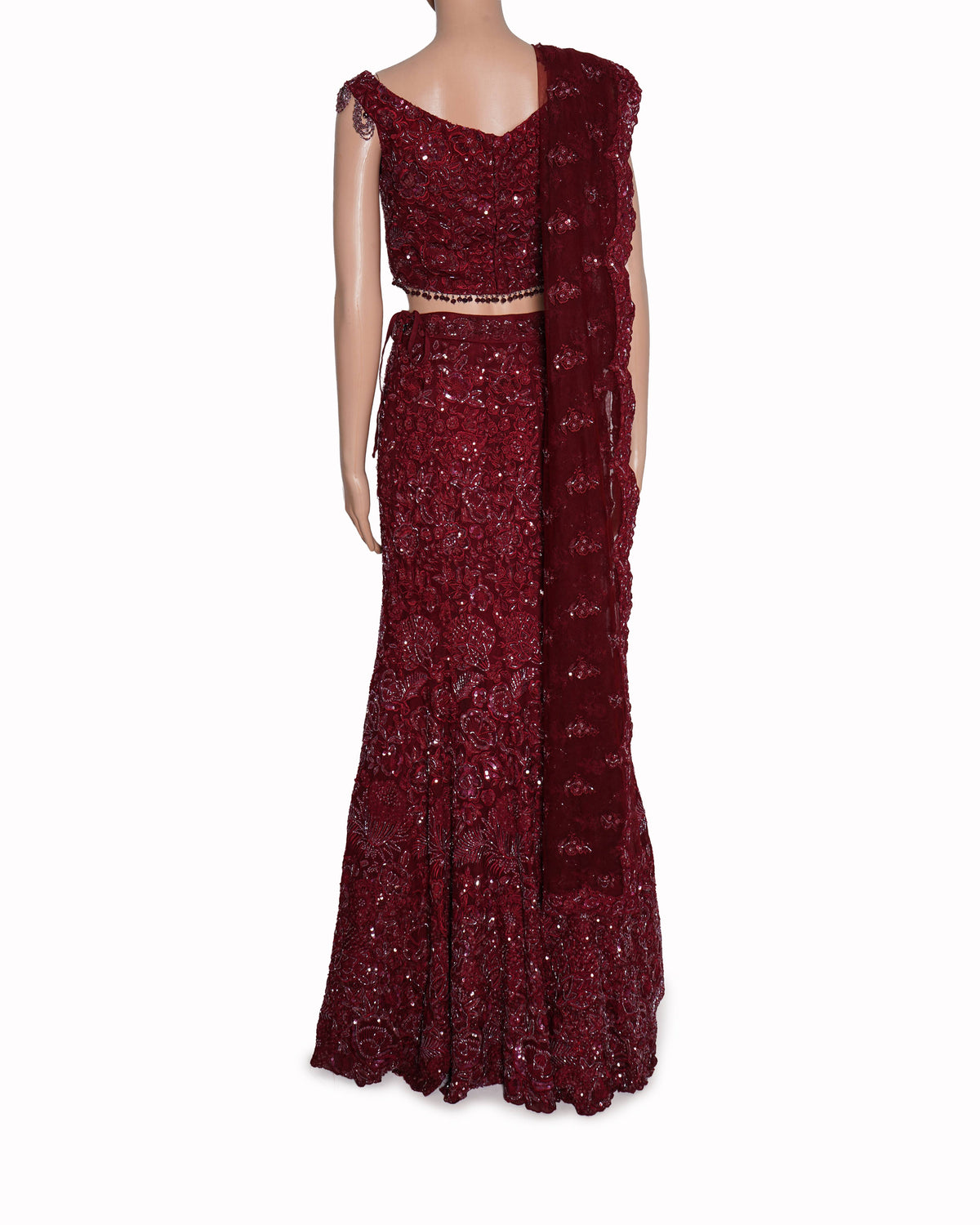 Shyamal & Bhumika
The Ruby Wine Embroidered and Sequined Fluted Lehenga
