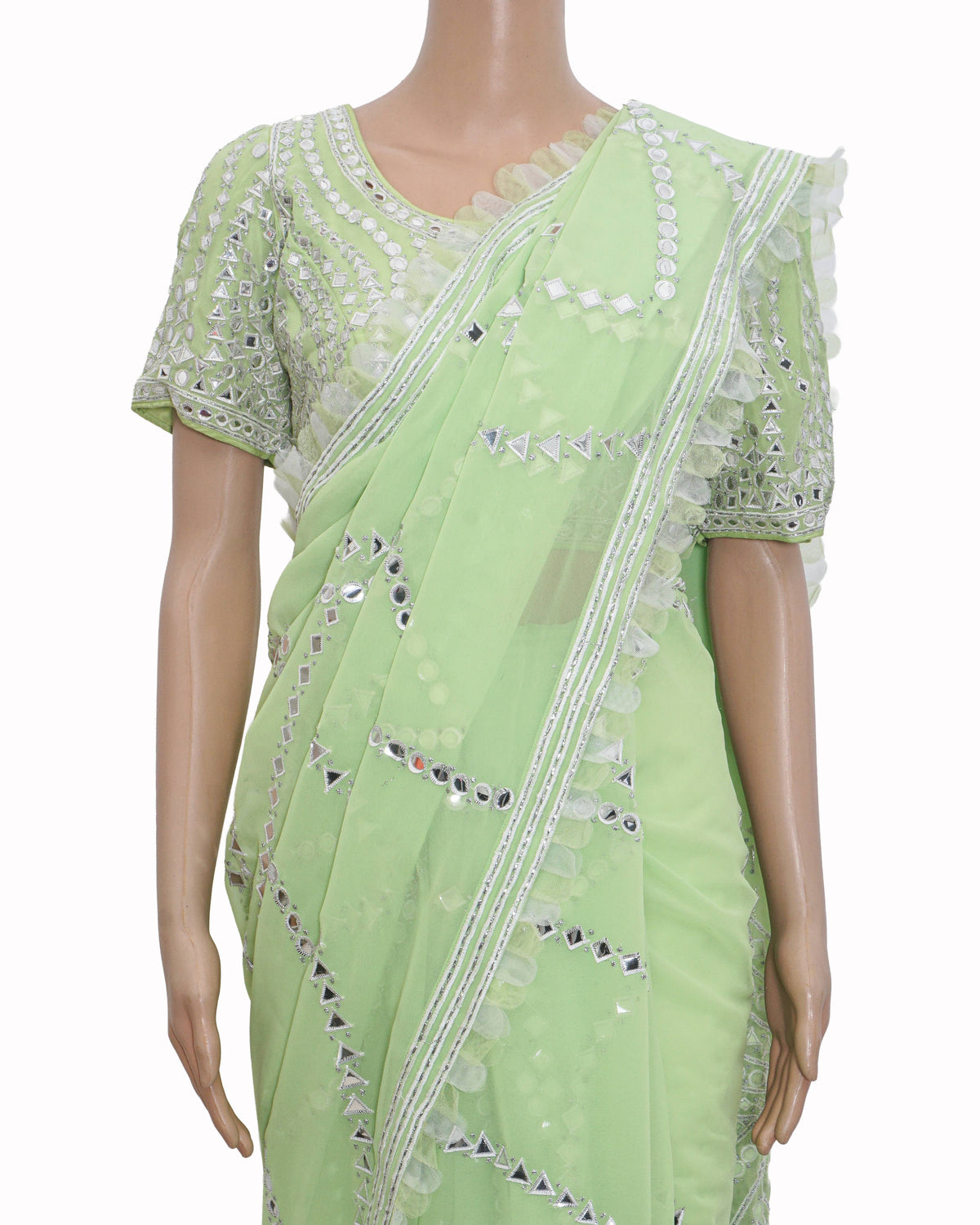 Asal by Abu Jani Sandeep Khosla Lime Green Mirror Work Saree Set