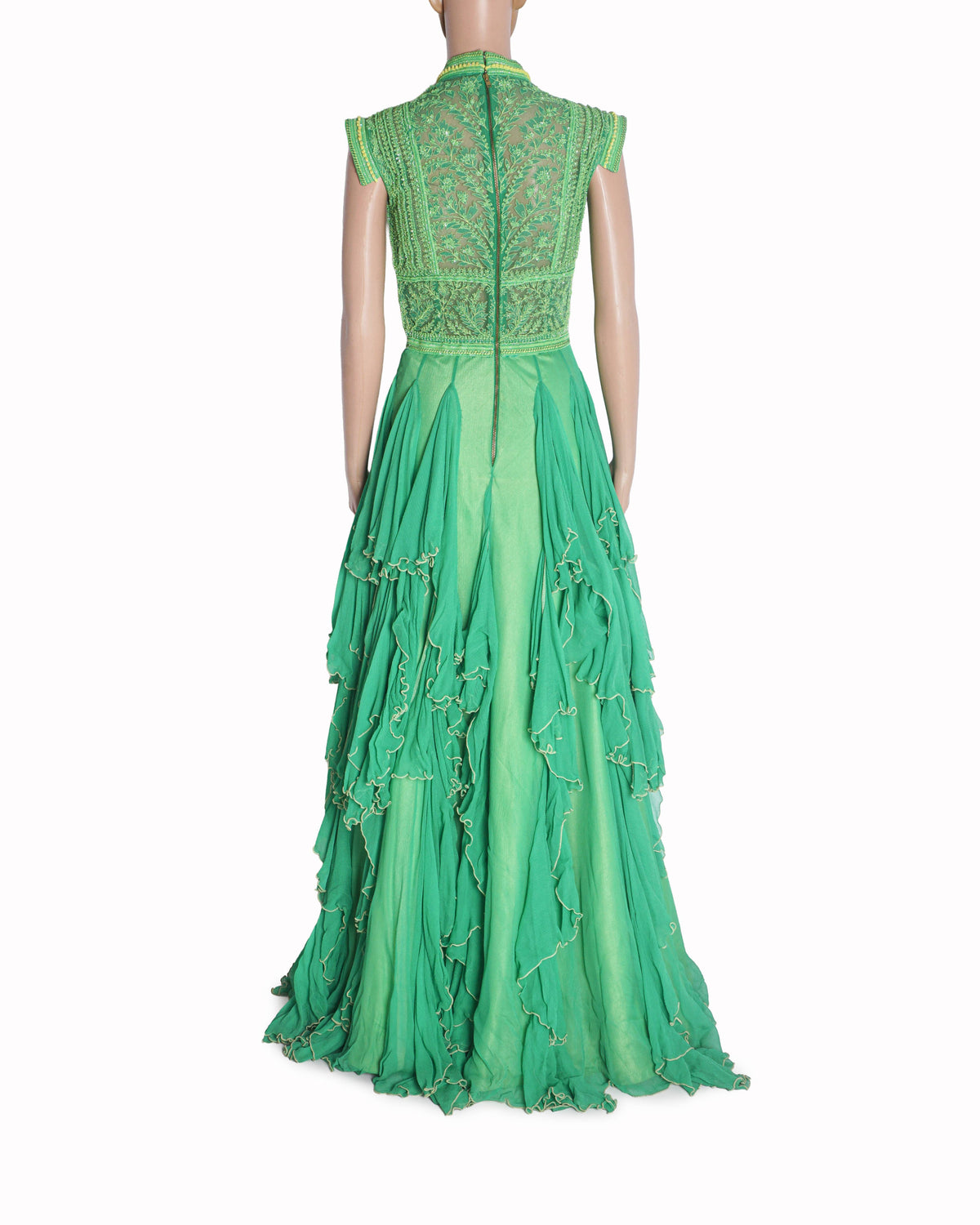 Shantanu & Nikhil Green Ruffle Tiered Couture Gown
