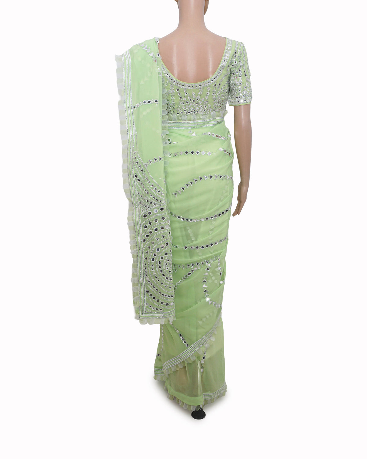 Asal by Abu Jani Sandeep Khosla Lime Green Mirror Work Saree Set
