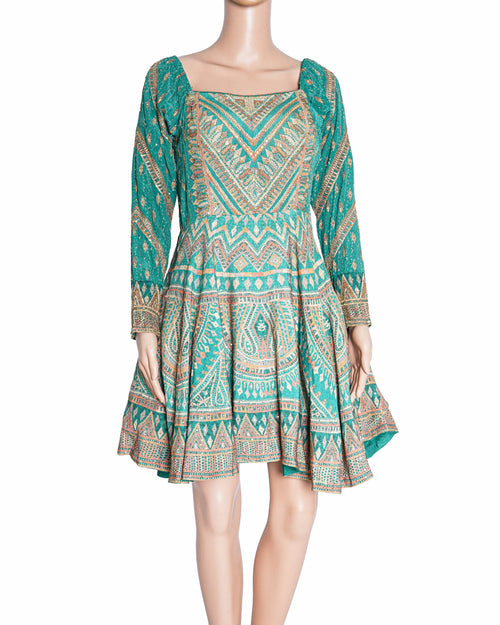 Ritu Kumar Green Viscose Embroidery Square Neck Flared Short Dress