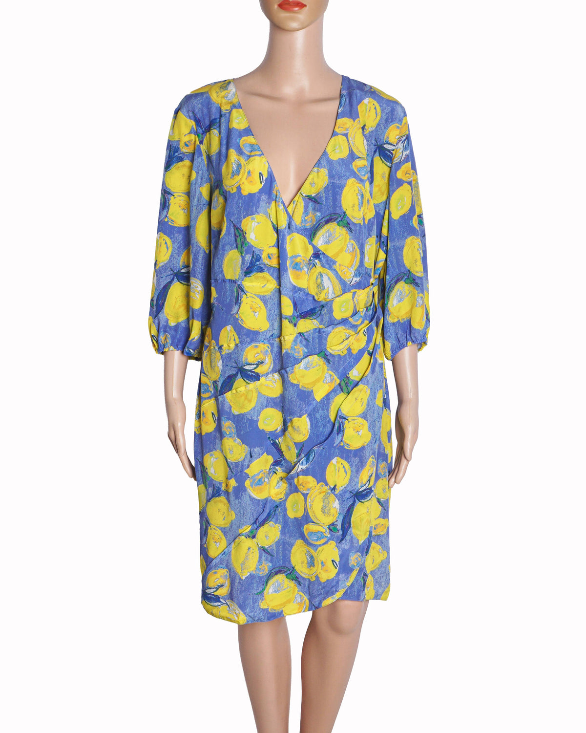 Blumarine Blue & Yellow Lemon Print Silk Dress