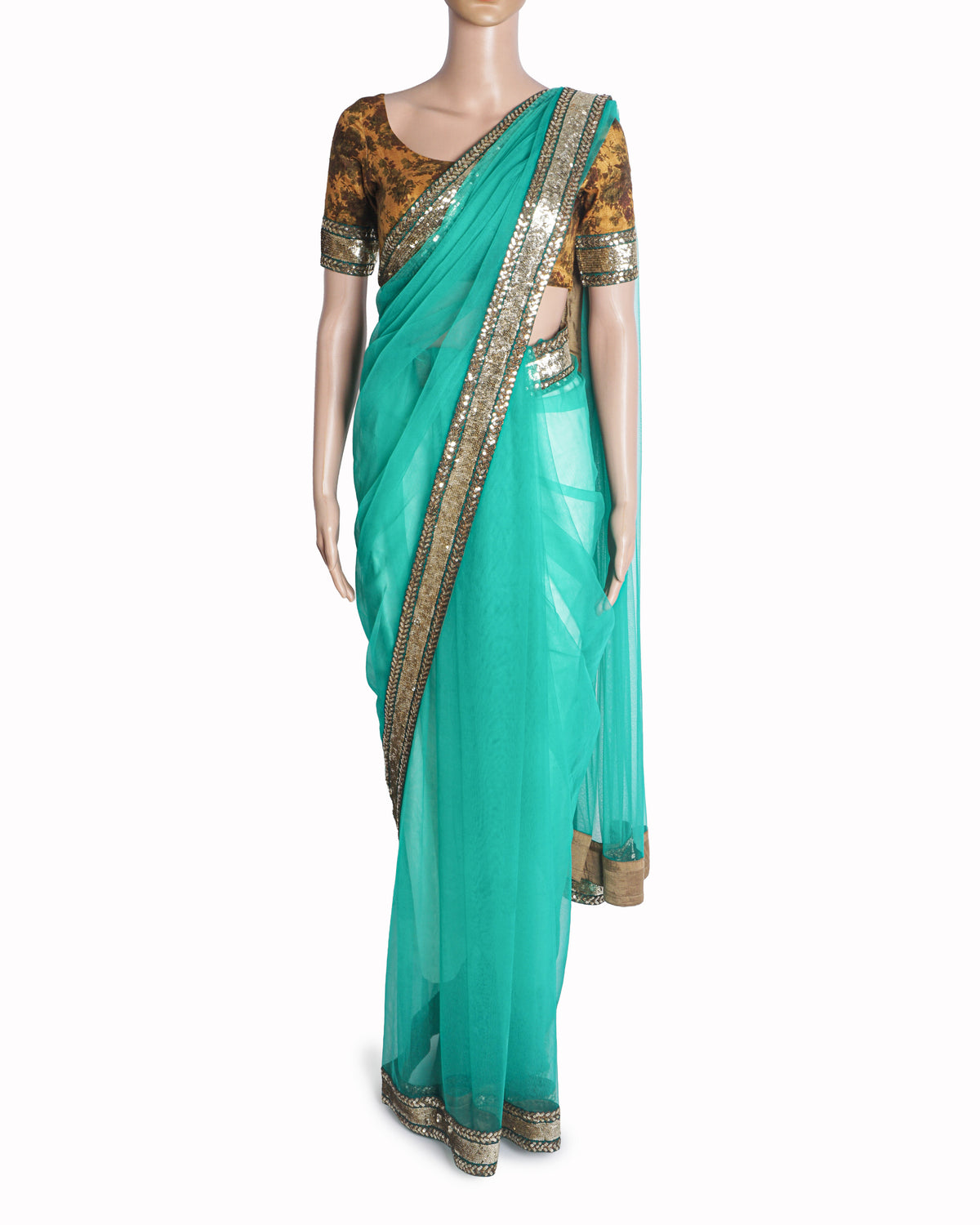 Sabyasachi Emerald Green Net Saree with Brocade Blouse Set