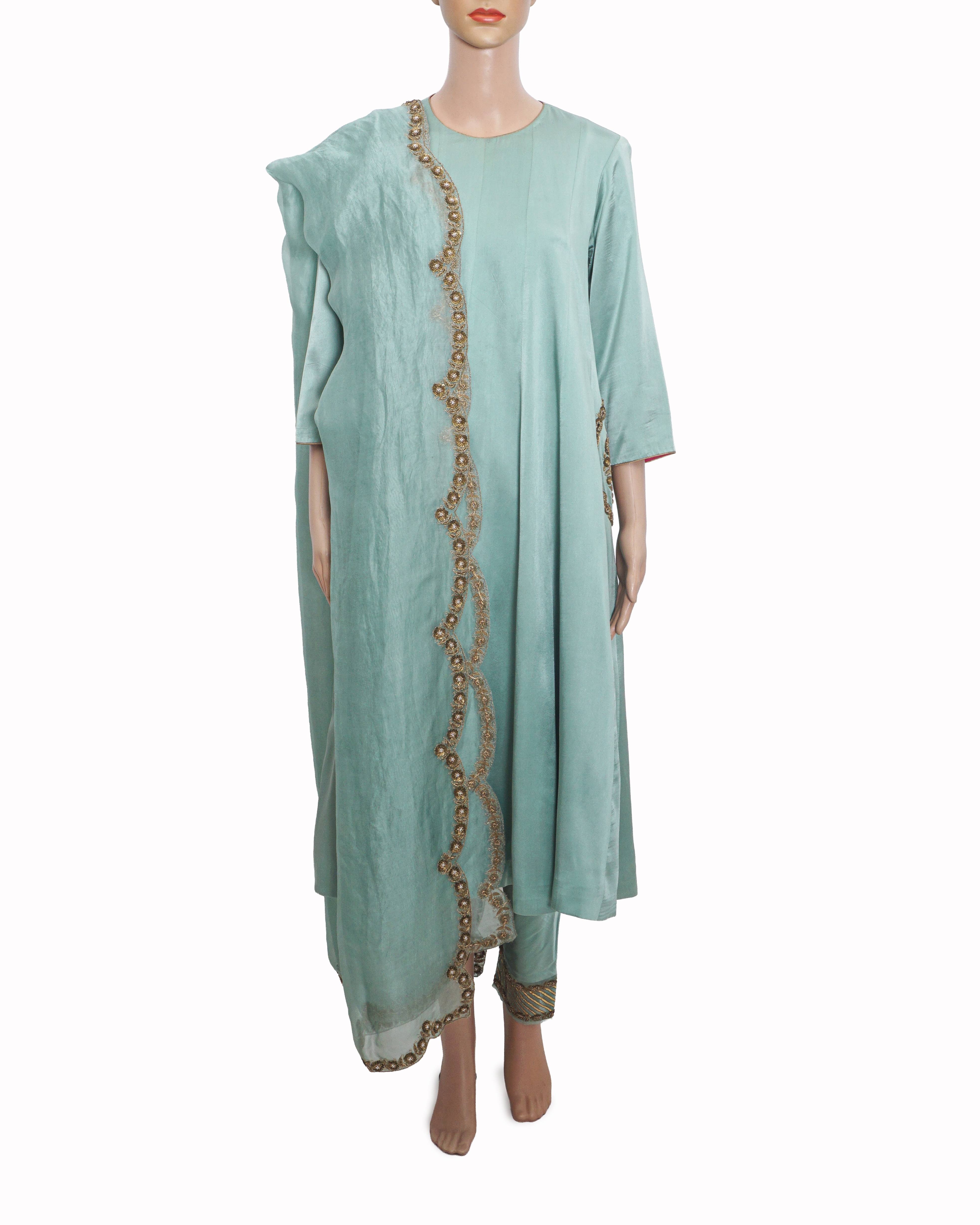 Raw Mango by Sanjay Garg Mint Green Zari Embroidered Silk Anarkali Set