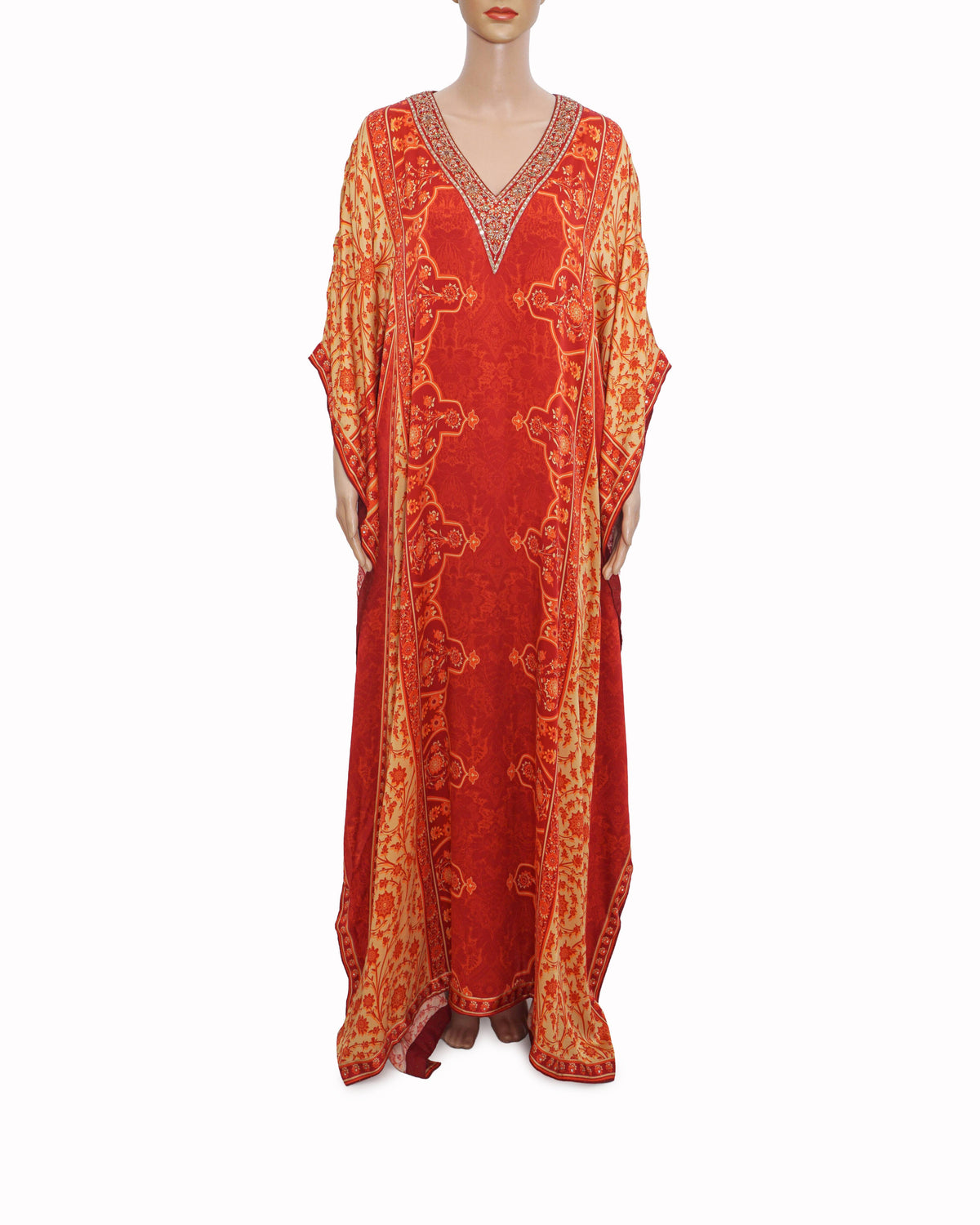 Ritu Kumar Red Silk Printed Geometric V Neck Villa Embroidered Kaftan