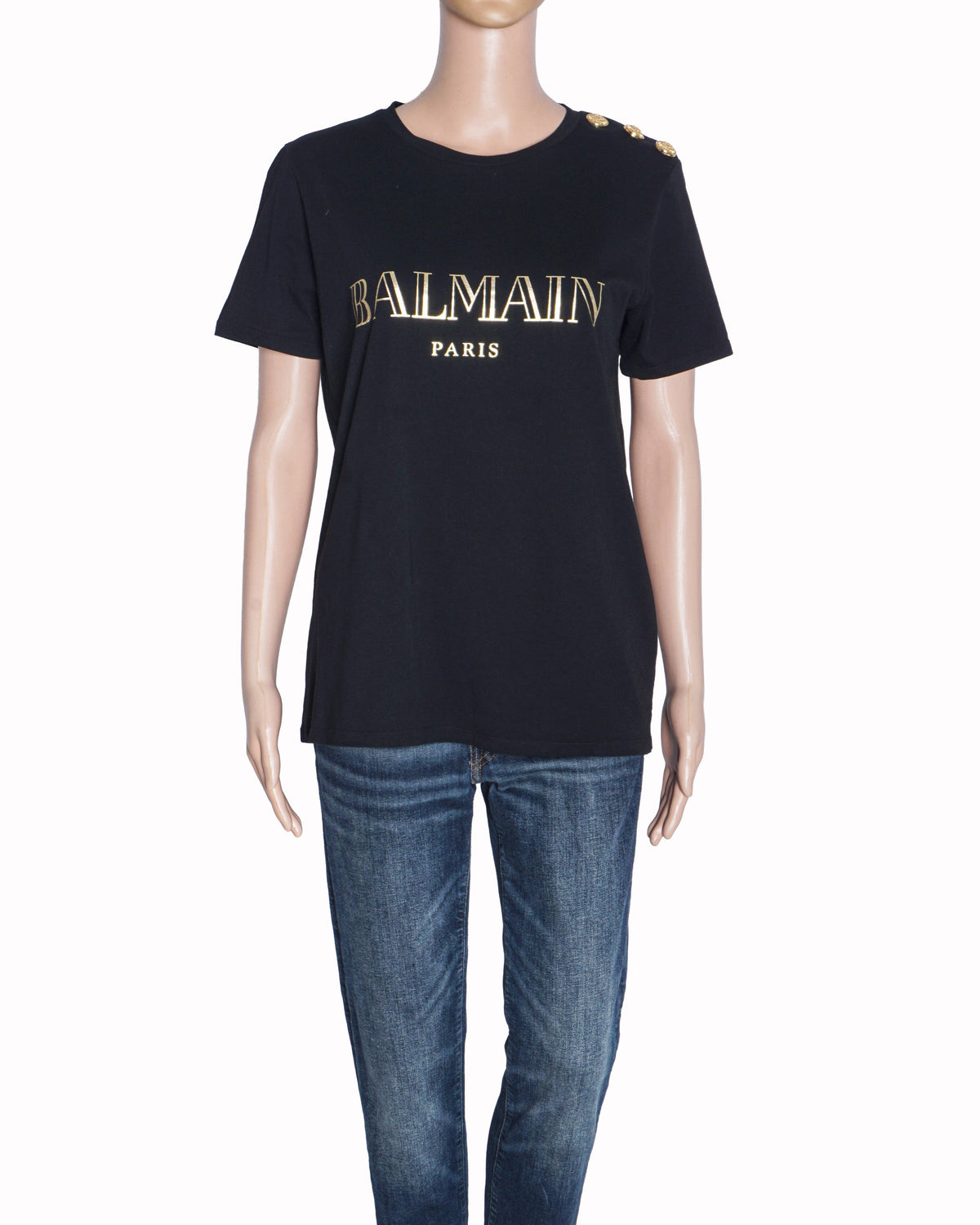 Balmain Black Cotton Gold Logo Button-Embellished T-Shirt