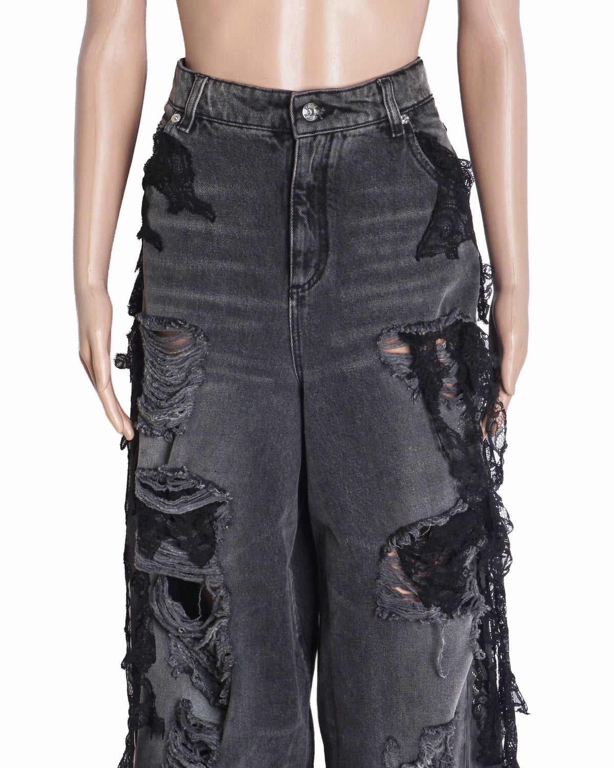 Blumarine Destroyed Extra Baggy Lace-Trimmed Jeans