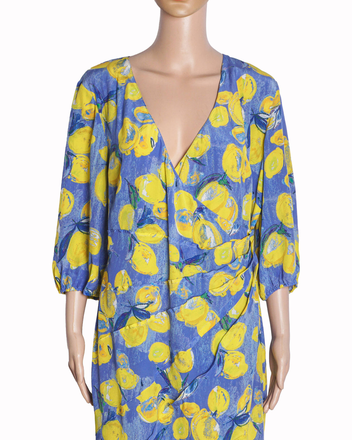 Blumarine Blue & Yellow Lemon Print Silk Dress