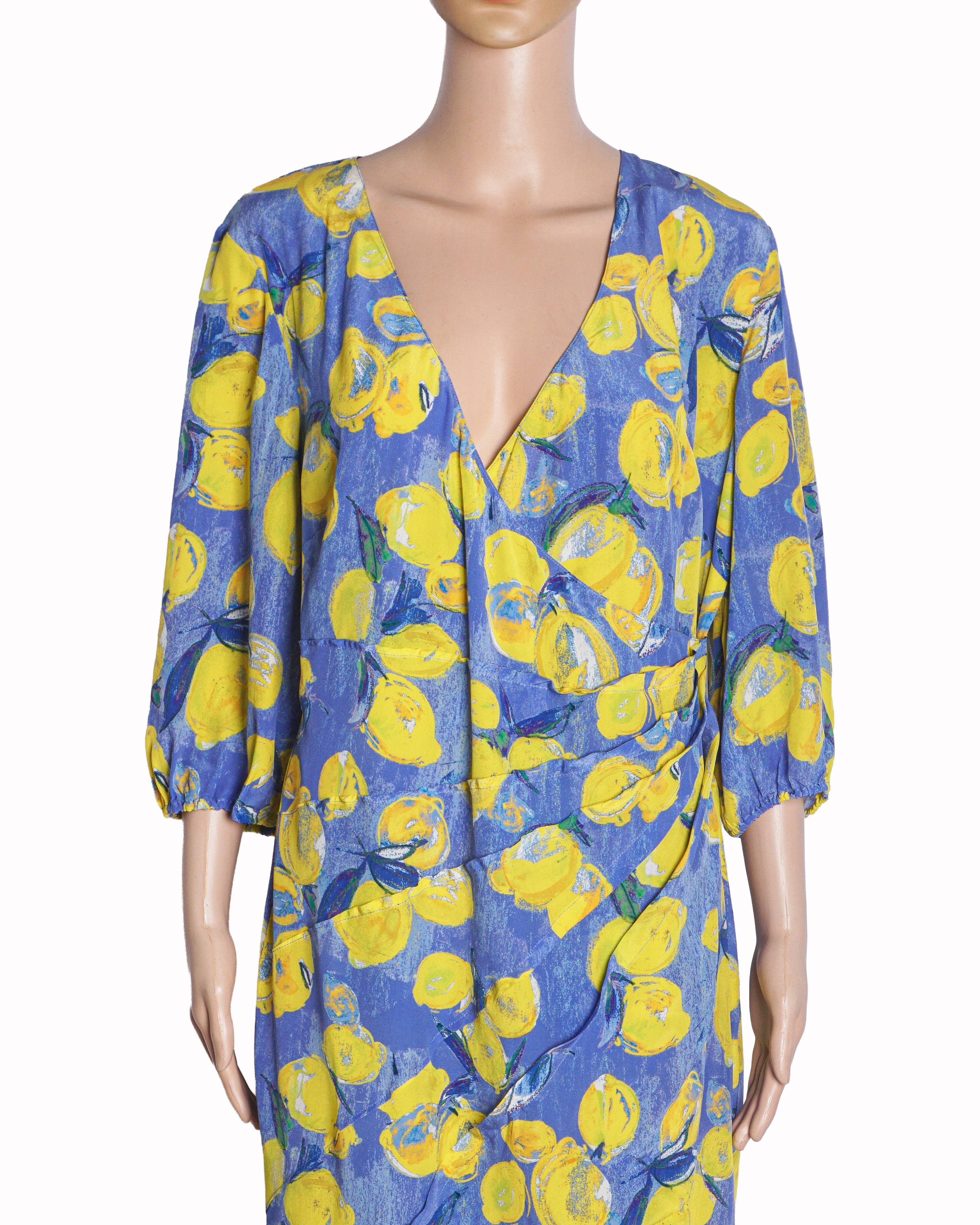 Blumarine Blue & Yellow Lemon Print Silk Dress