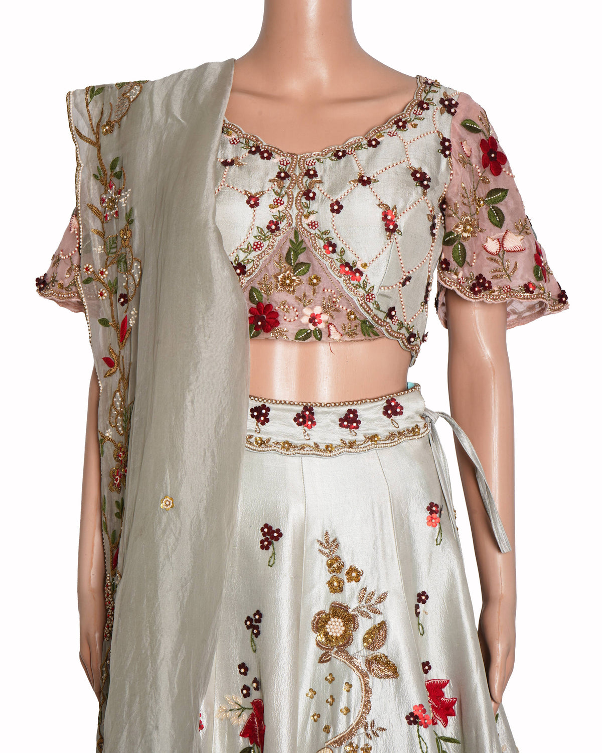 Gazal Gupta Pink & Sage Green Floral Embroidered Scalloped Lehenga Set