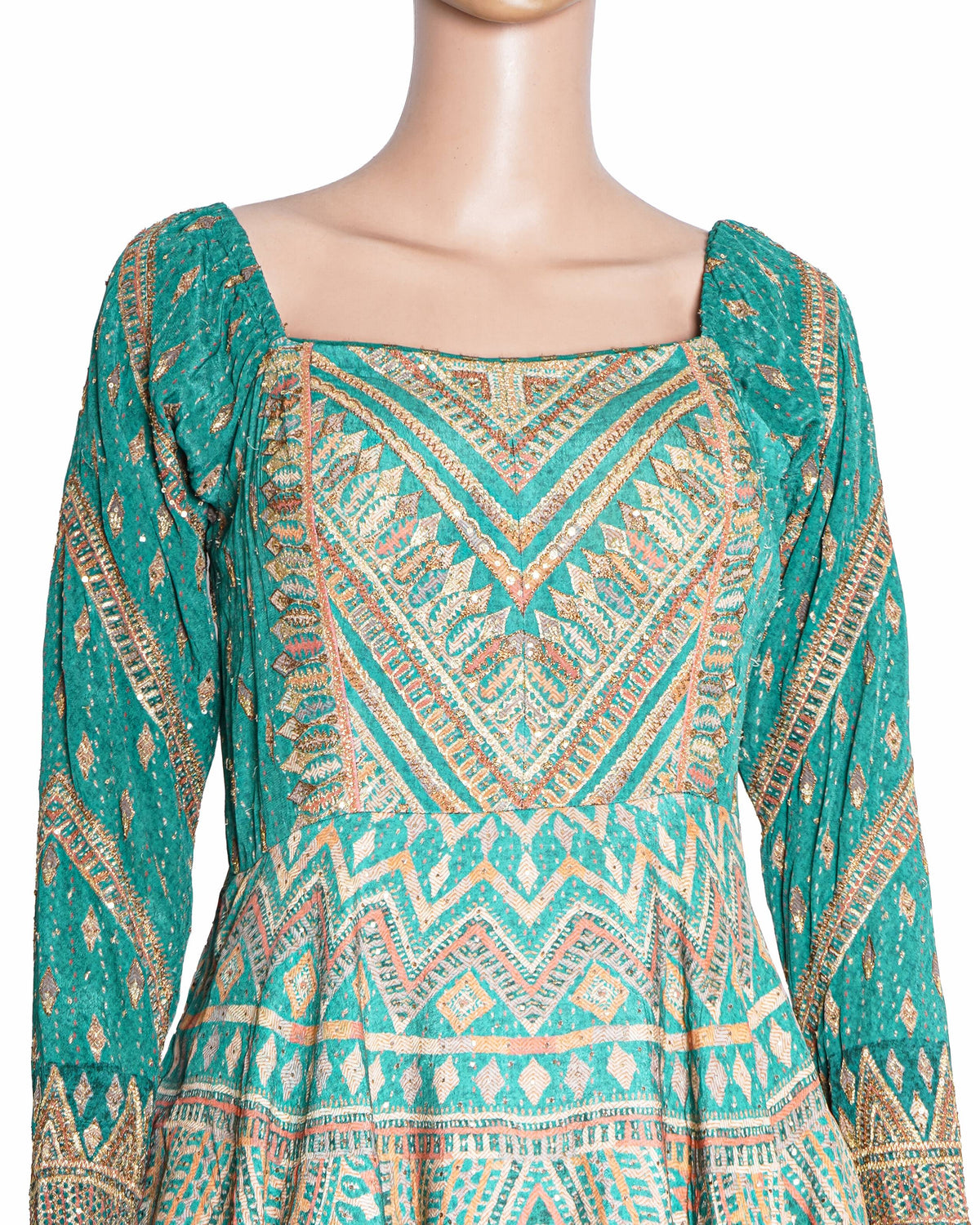 Ritu Kumar Green Viscose Embroidery Square Neck Flared Short Dress