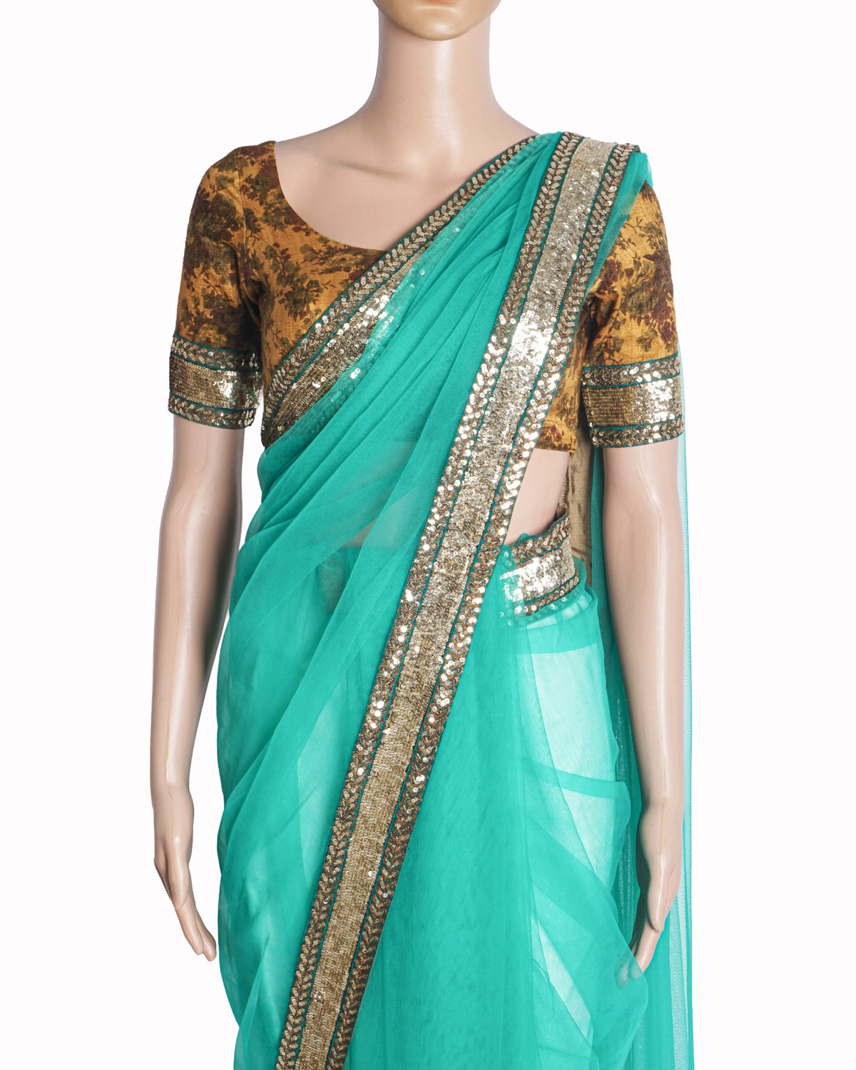 Sabyasachi Emerald Green Net Saree with Brocade Blouse Set