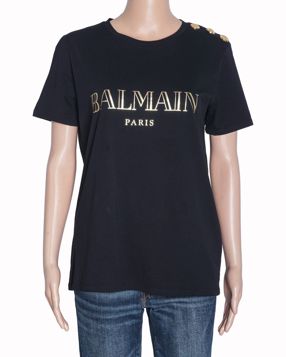 Balmain Black Cotton Gold Logo Button-Embellished T-Shirt