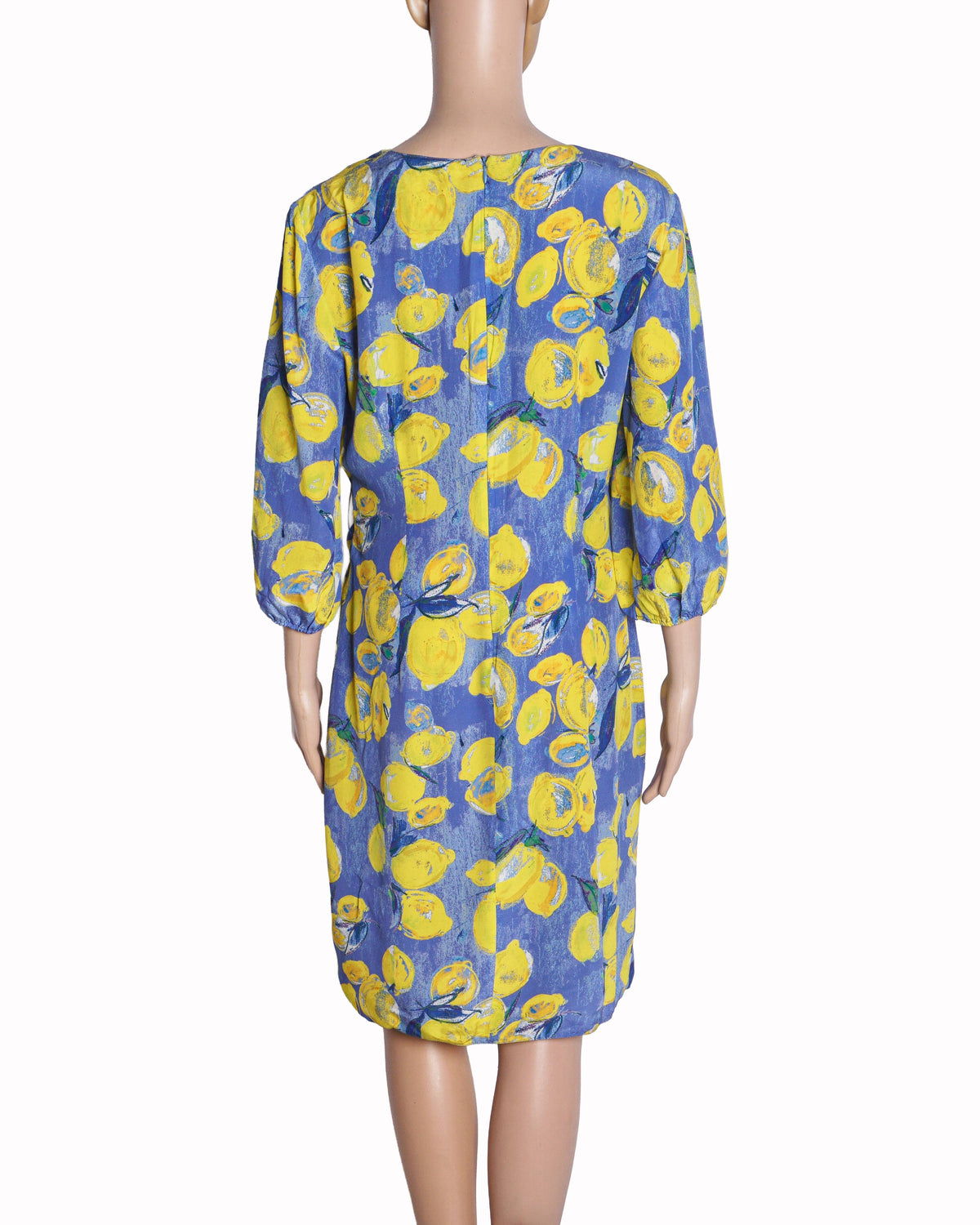 Blumarine Blue & Yellow Lemon Print Silk Dress