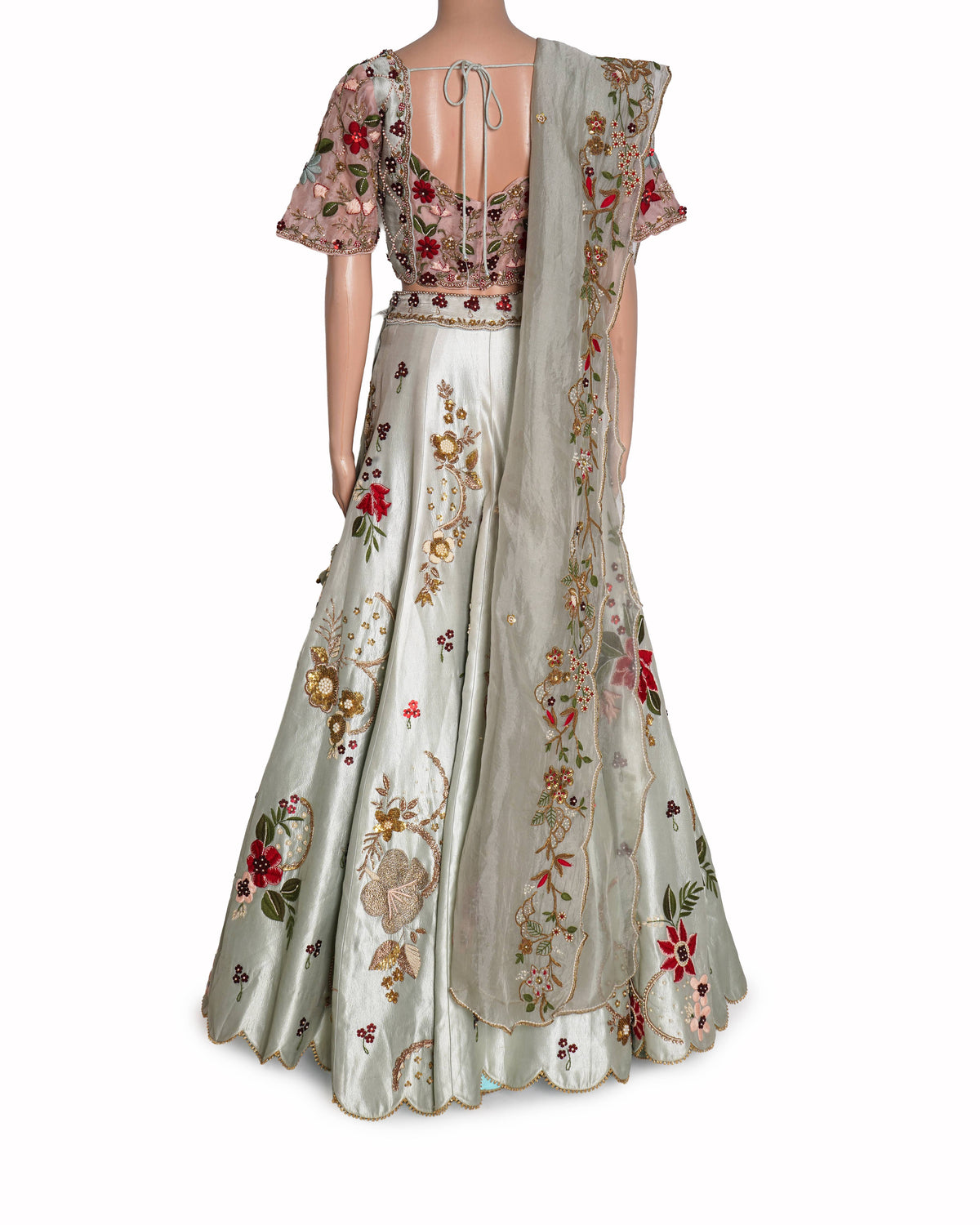 Gazal Gupta Pink & Sage Green Floral Embroidered Scalloped Lehenga Set