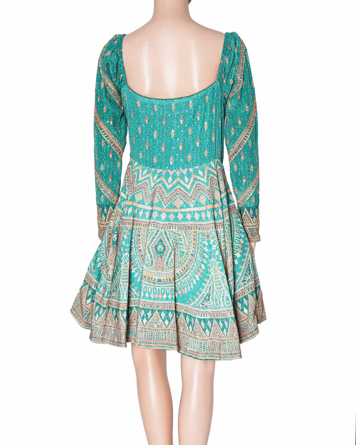 Ritu Kumar Green Viscose Embroidery Square Neck Flared Short Dress