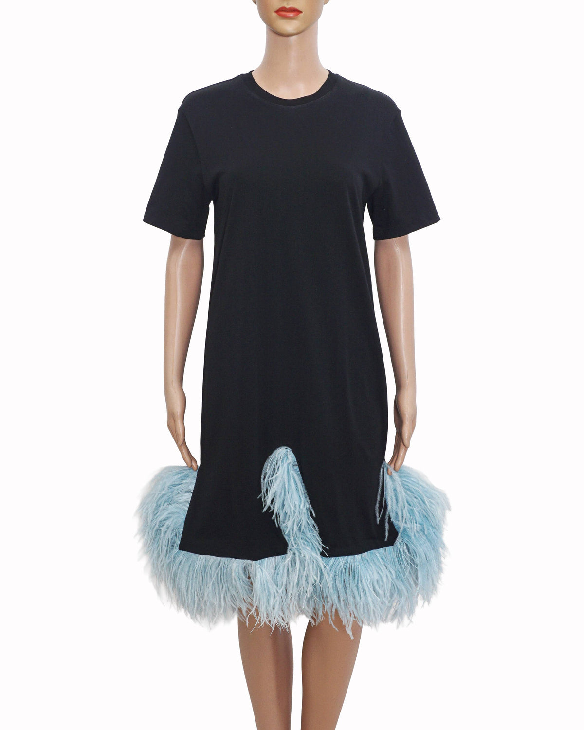Christopher Kane Black Cotton T-Shirt Dress with Blue Feather Trim
