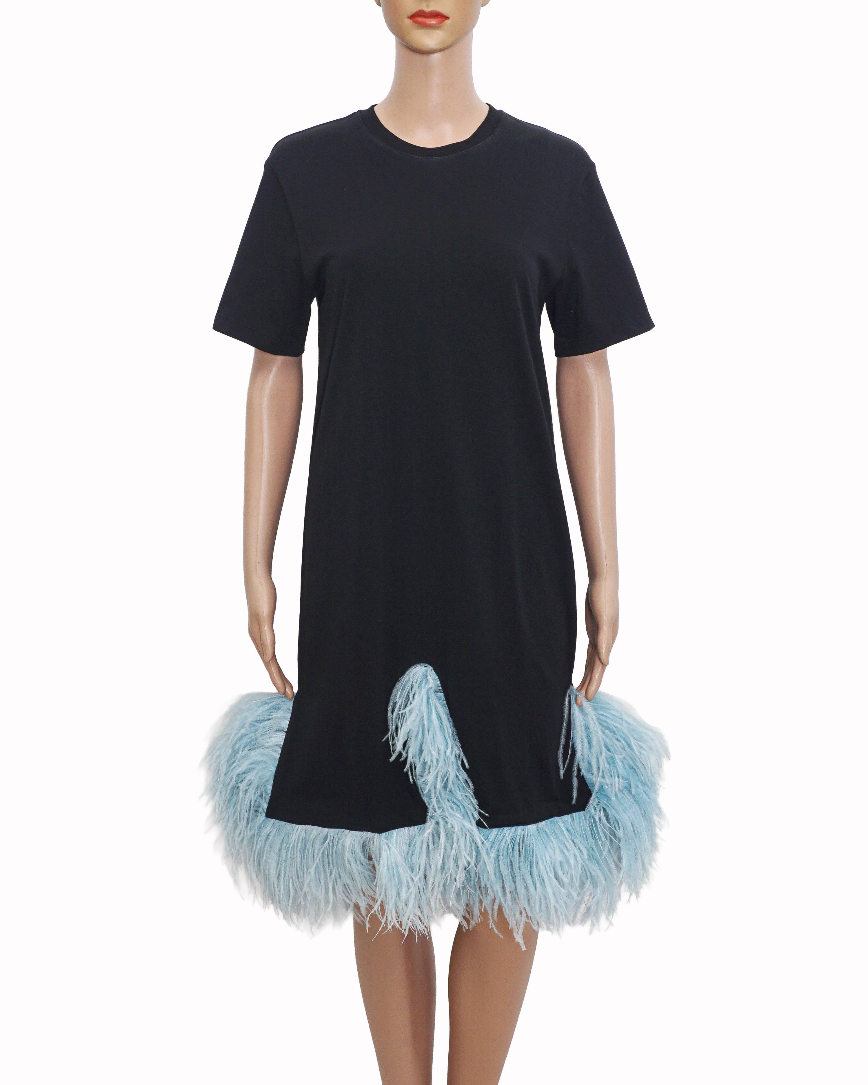 Christopher Kane Black Cotton T-Shirt Dress with Blue Feather Trim