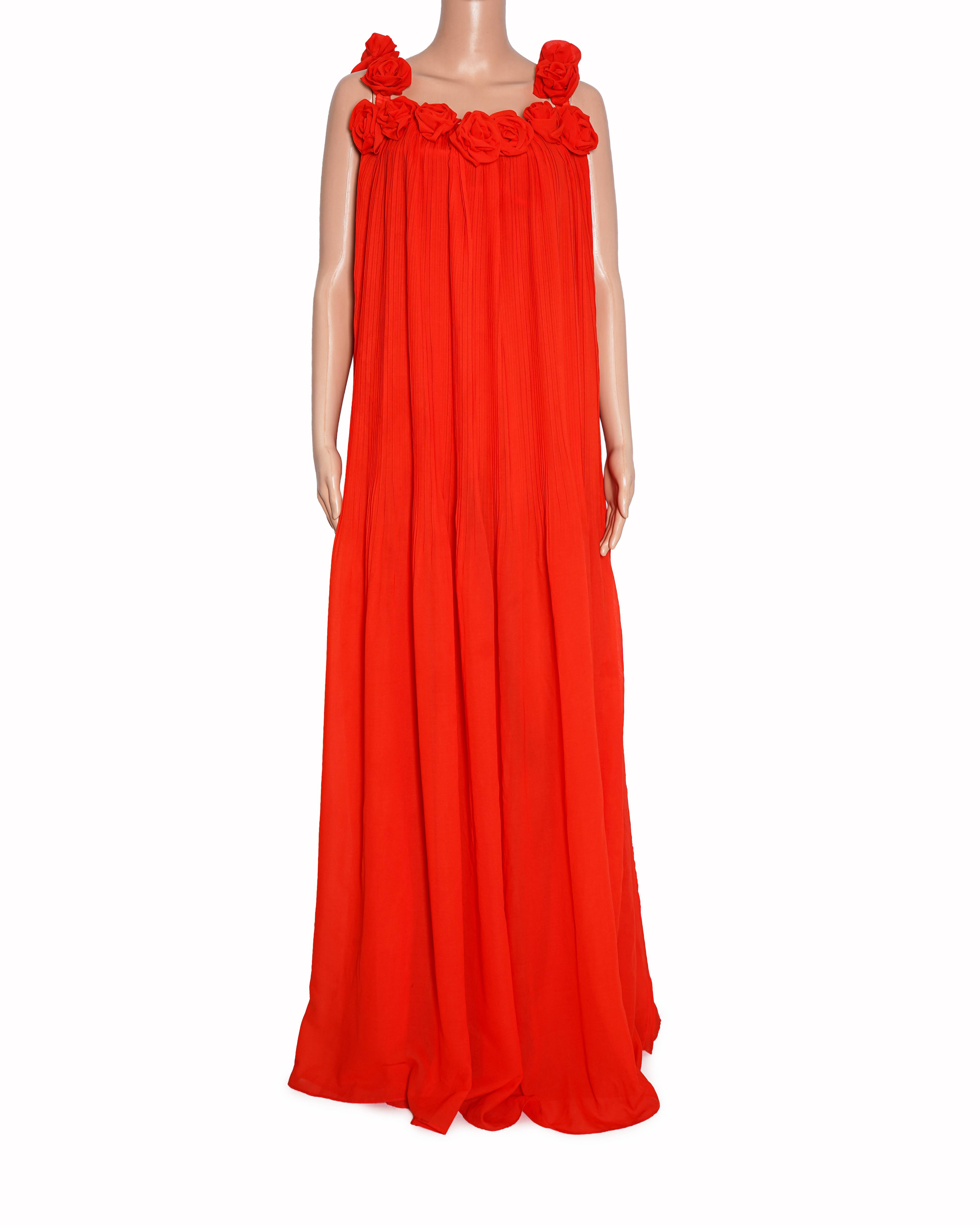 New Leo Lin Women's Red Camilla Rosette Detailed Plisse Maxi Dress