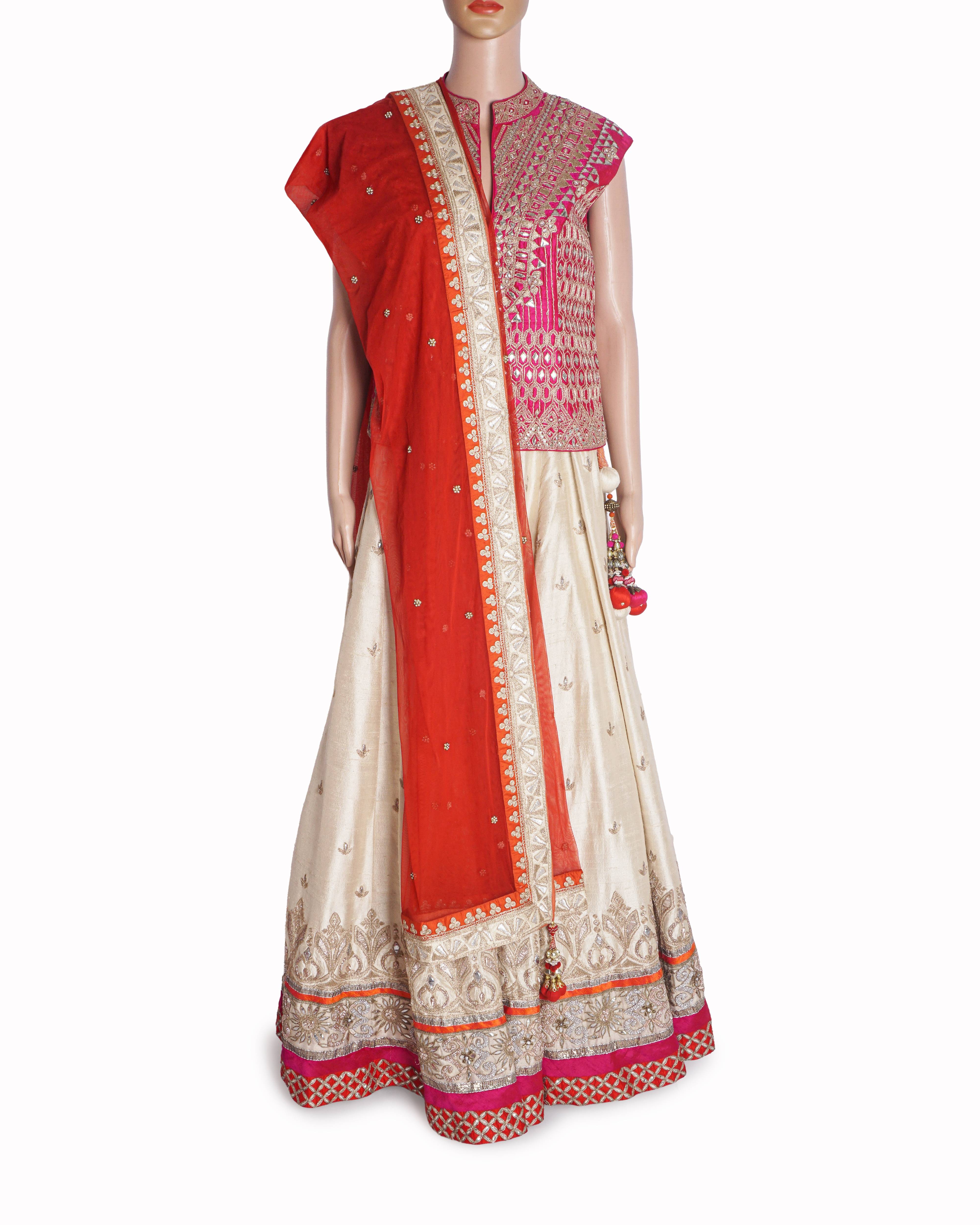 Anita Dongre Beige & Rani Pink Gotta Patti Silk Lehenga Set