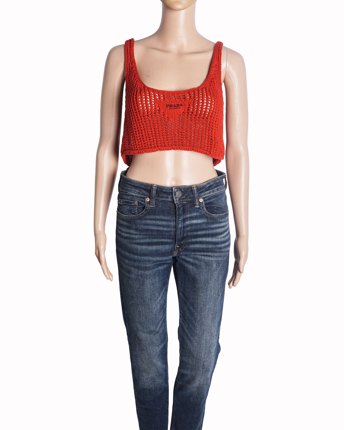 Prada Red Open-Work Knit Crop Top