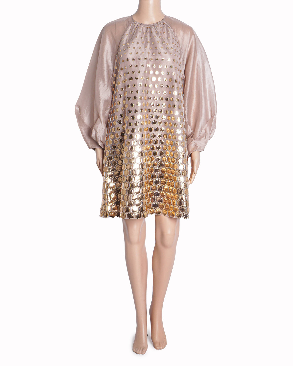 Pankaj & Nidhi Nude Pink Tulle Hexagon-Embellished Mini-Dress