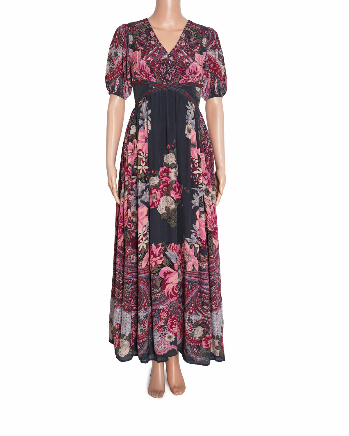 Ritu Kumar Grey Silk V-neck Alexander Floral Print Dress
