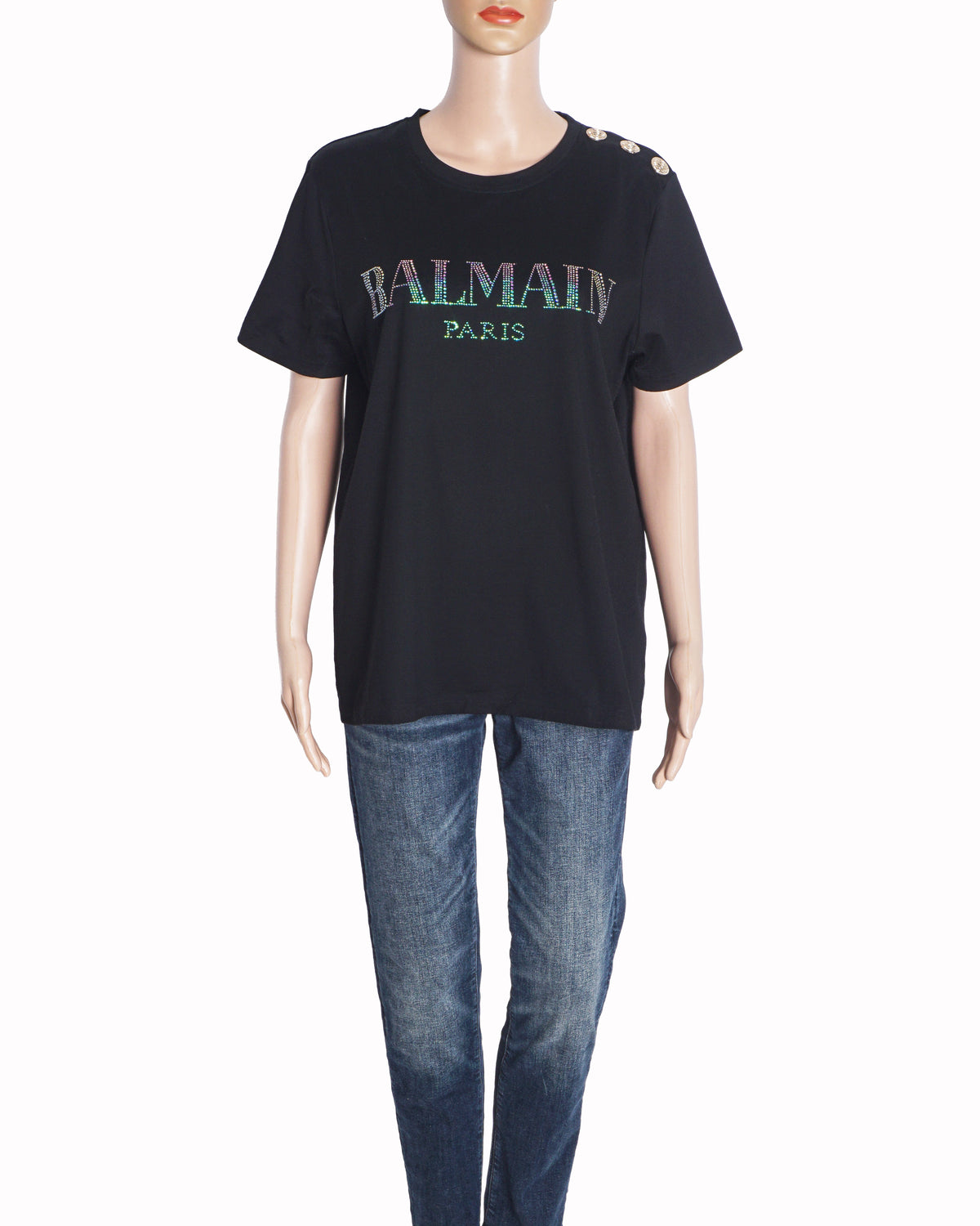 Balmain Black Cotton Rhinestone Logo T-Shirt