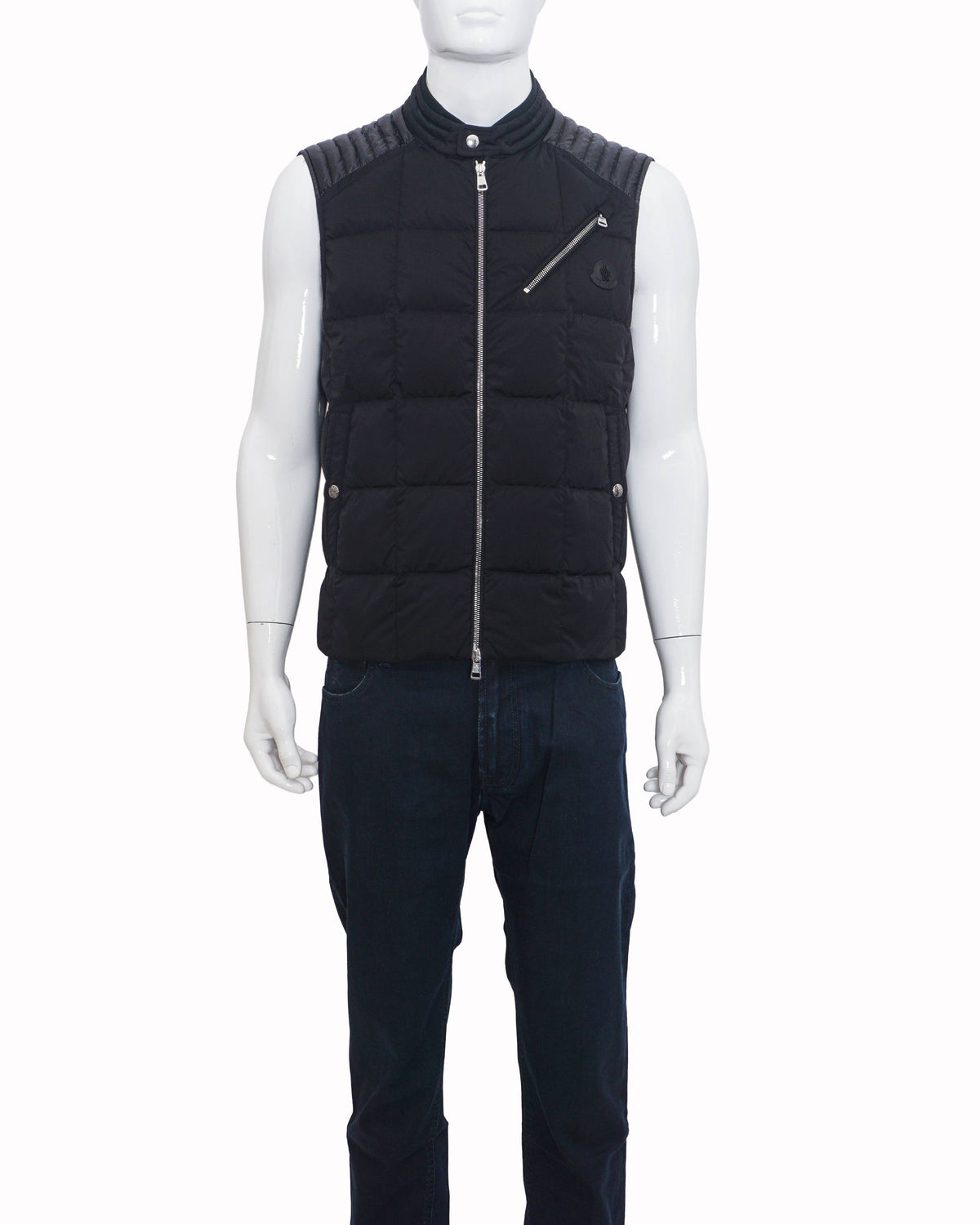 Moncler Men's Black Mixed-Media Quilted Down Felt Logo Gilet