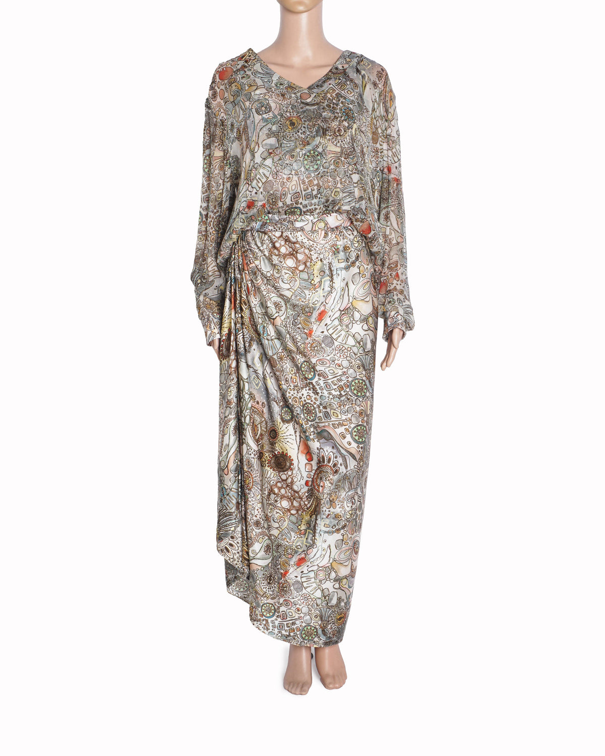 AK-OK Printed Chiffon Sweatshirt & Draped Skirt Set
