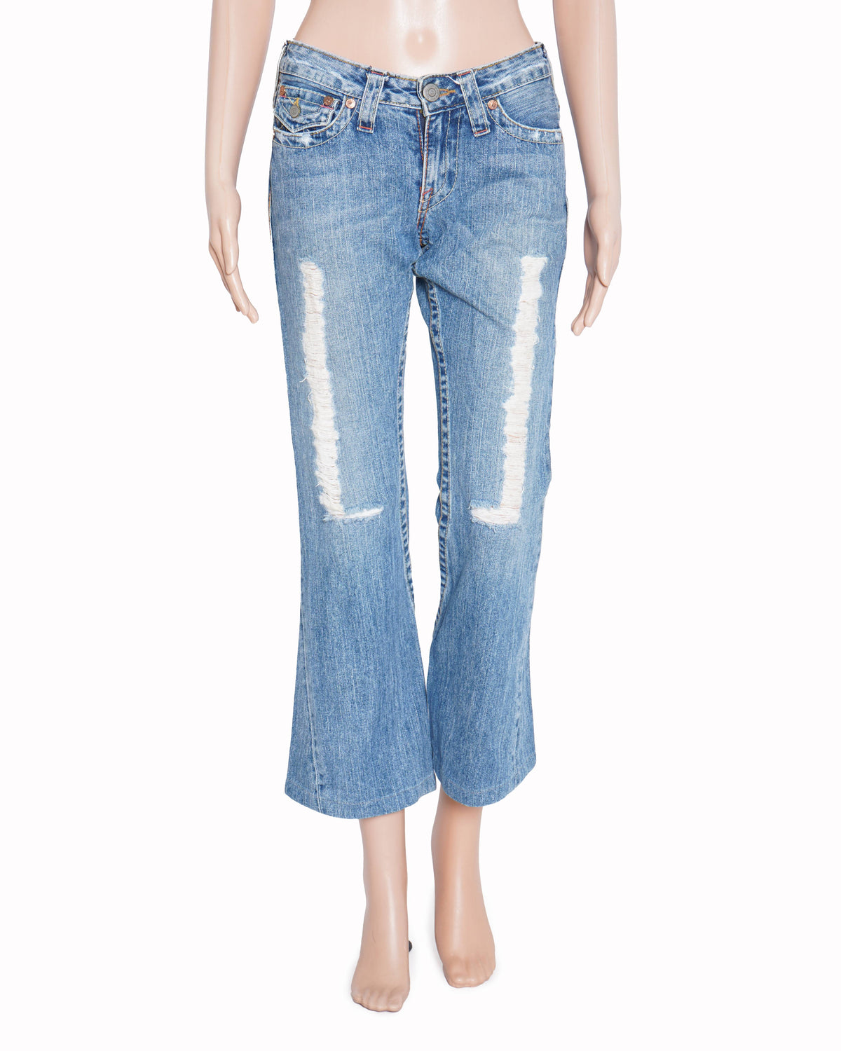 True Religion 
Light blue ribbed Flared jeans