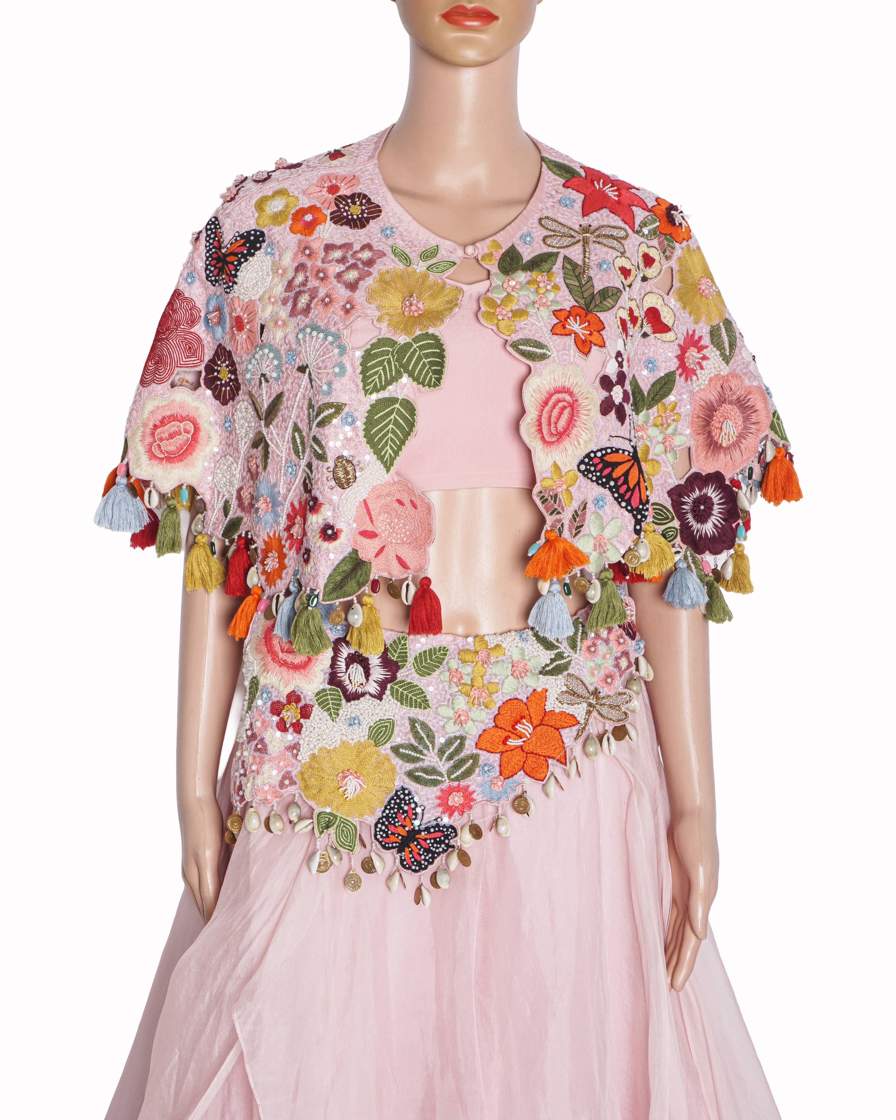 Gazal Gupta Pastel Pink Floral Hand-Embellished Cape Lehenga Set