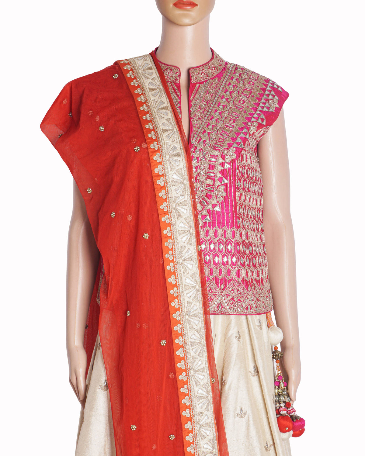 Anita Dongre Beige & Rani Pink Gotta Patti Silk Lehenga Set