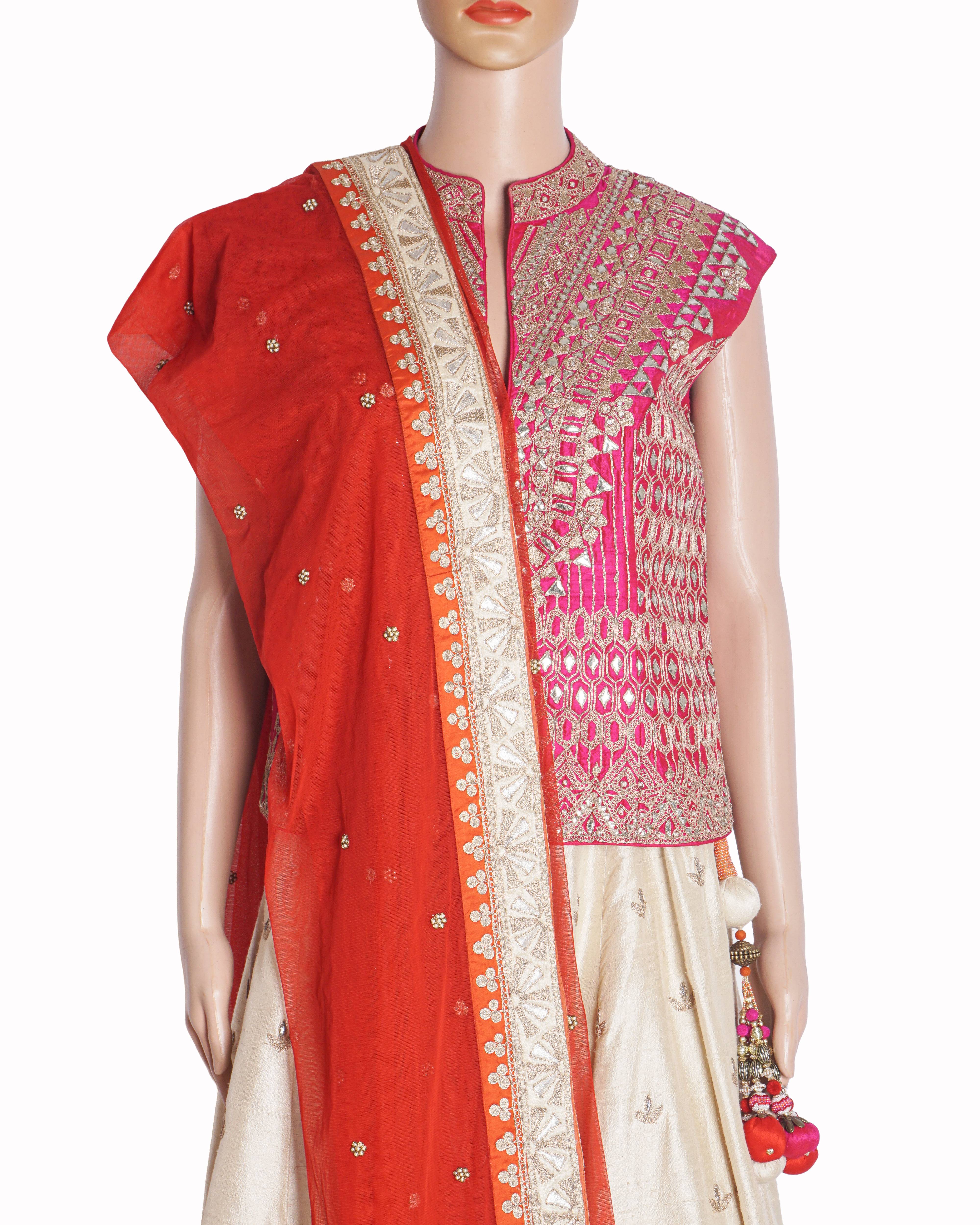 Anita Dongre Beige & Rani Pink Gotta Patti Silk Lehenga Set
