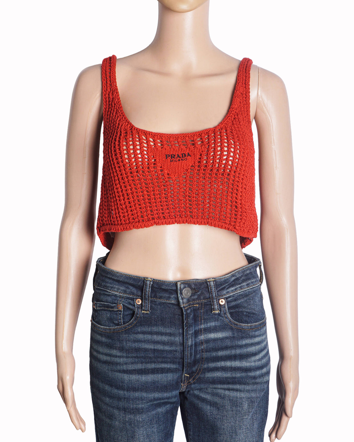 Prada Red Open-Work Knit Crop Top