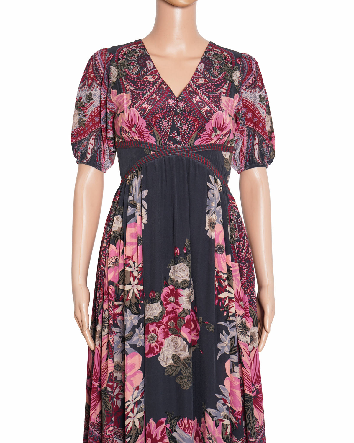 Ritu Kumar Grey Silk V-neck Alexander Floral Print Dress