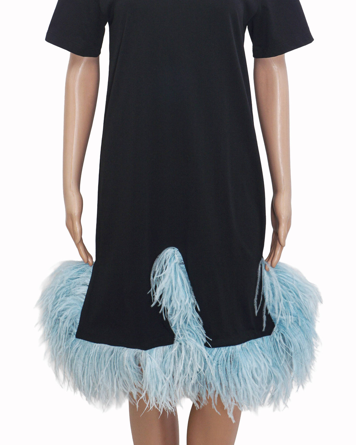 Christopher Kane Black Cotton T-Shirt Dress with Blue Feather Trim