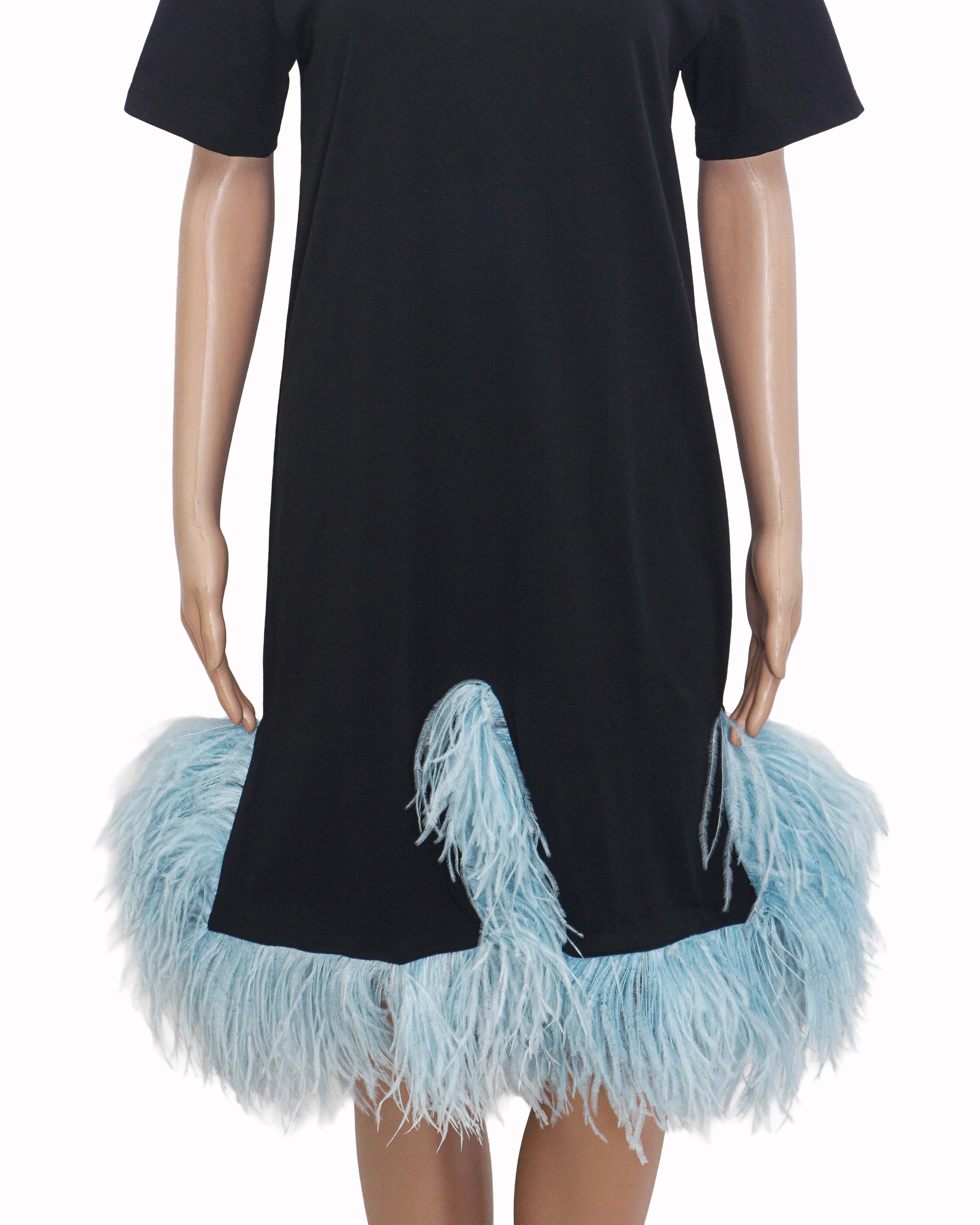 Christopher Kane Black Cotton T-Shirt Dress with Blue Feather Trim