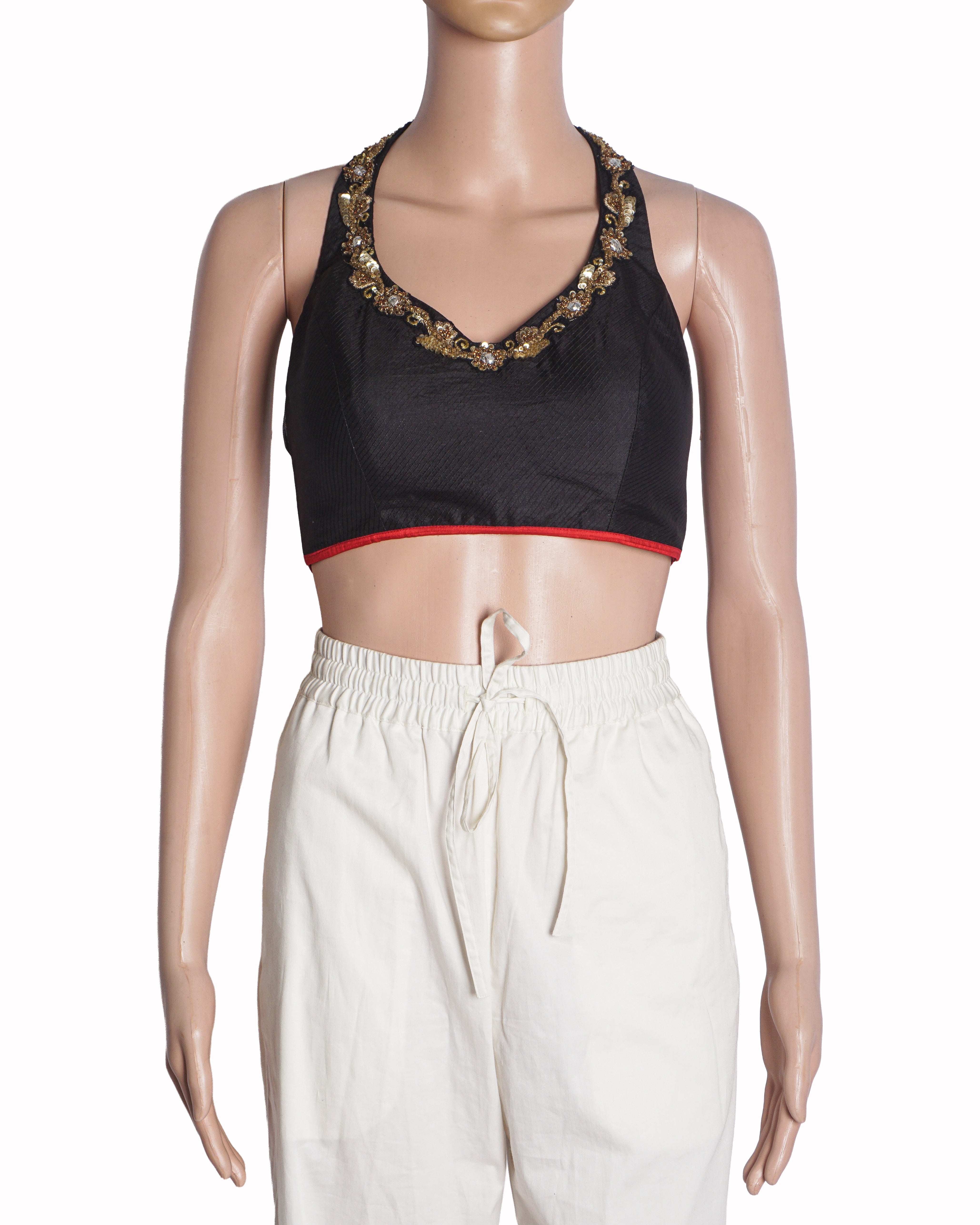 Manish Malhotra Black Silk Halter Neck Gold Embroidered Blouse