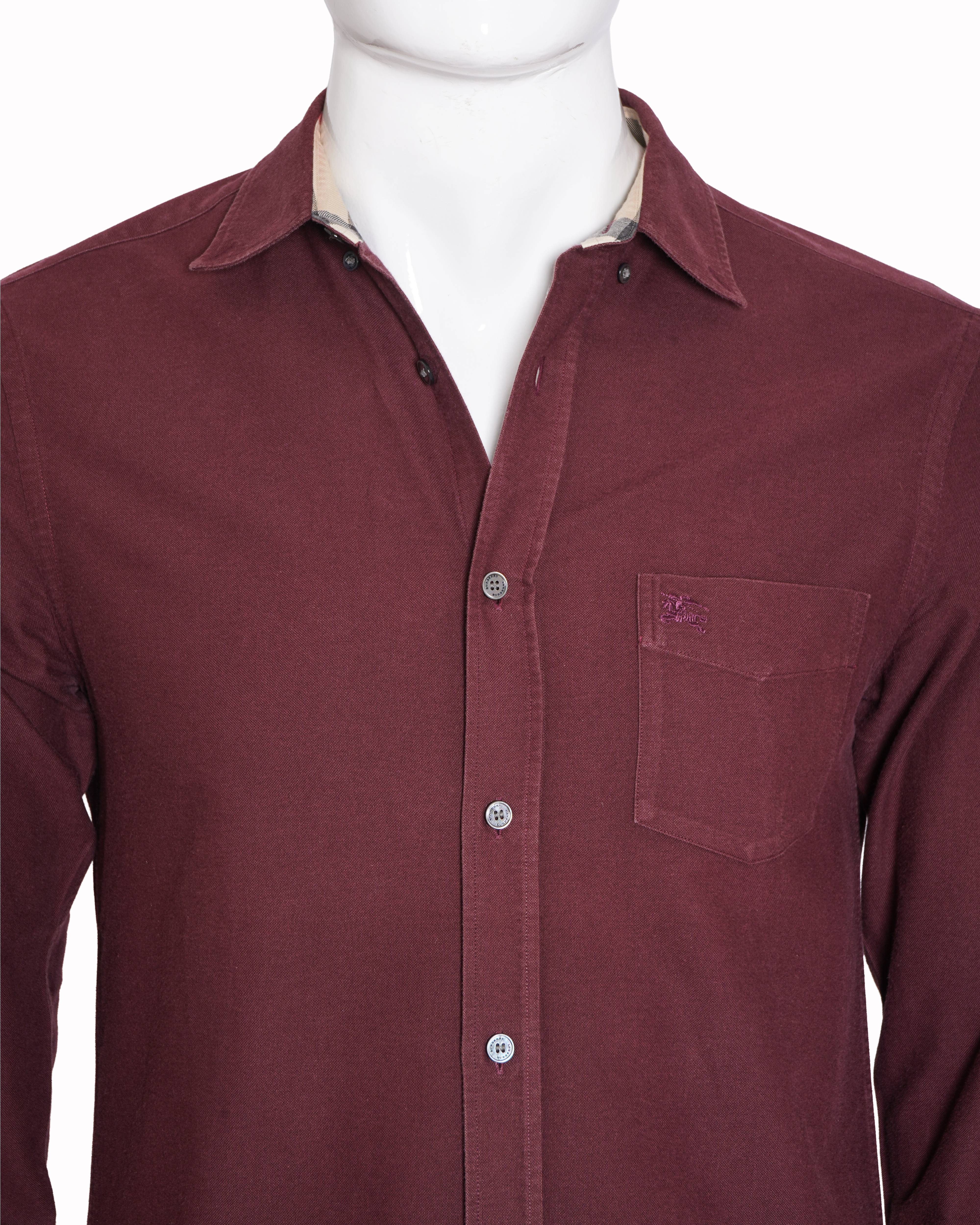 Burberry Burgundy Long-Sleeve Cotton Shirt with House Check Trim