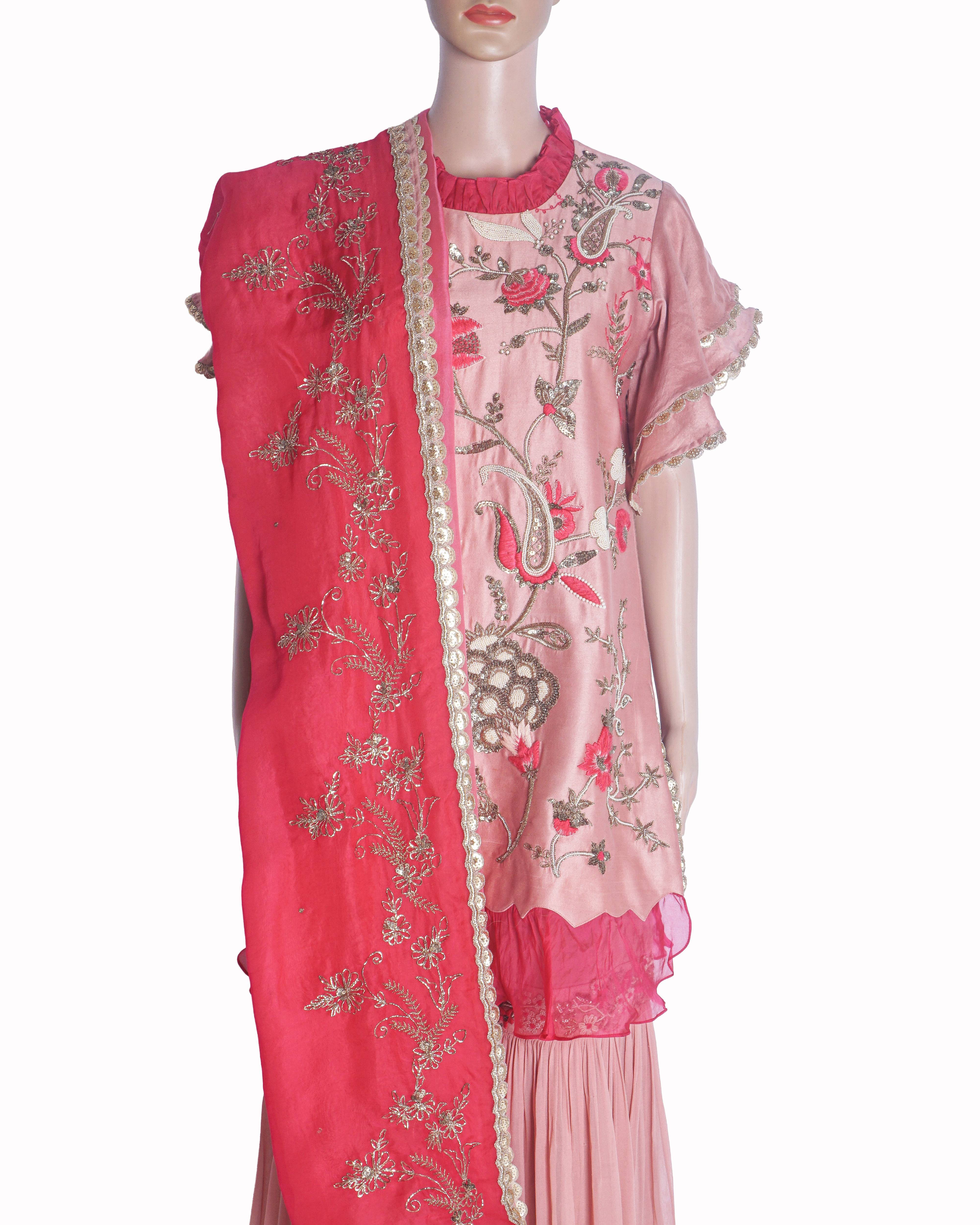 Gazal Gupta Coral Pink Floral Embroidered Sharara Set
