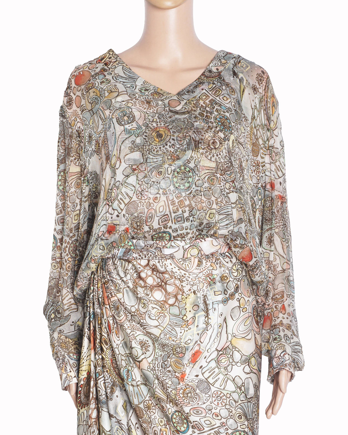 AK-OK Printed Chiffon Sweatshirt & Draped Skirt Set