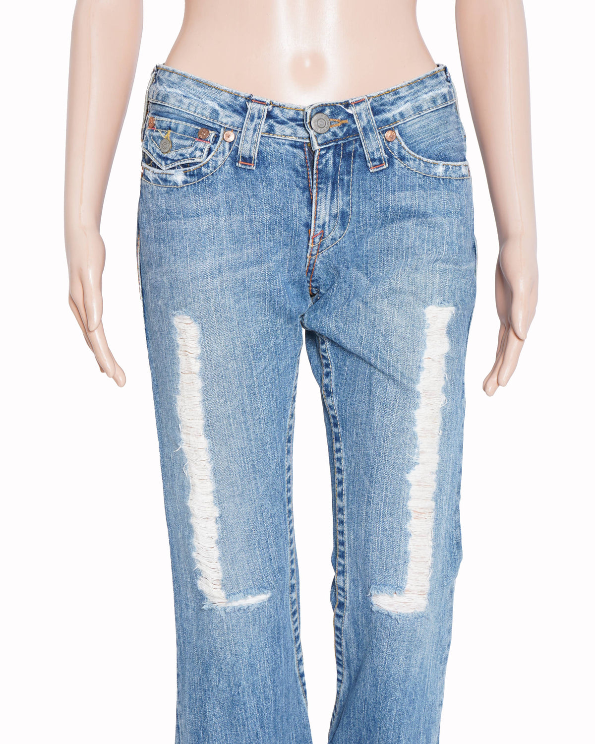True Religion 
Light blue ribbed Flared jeans