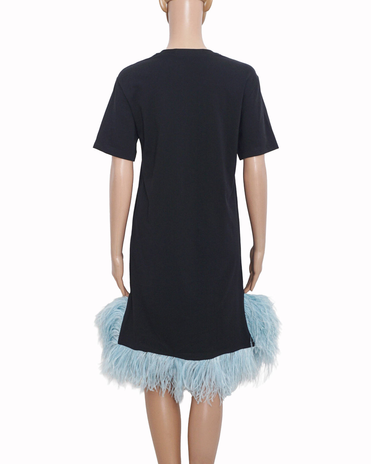 Christopher Kane Black Cotton T-Shirt Dress with Blue Feather Trim