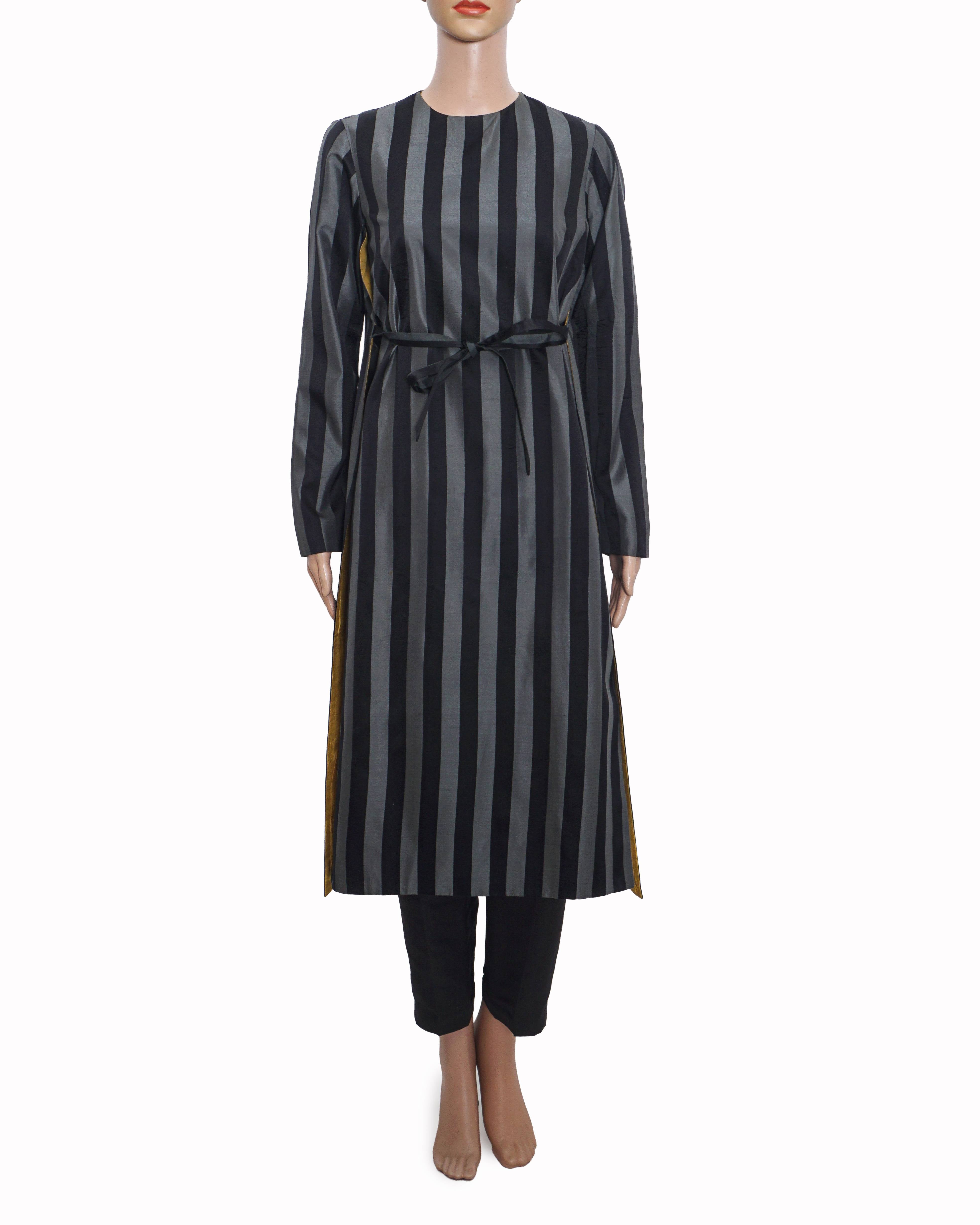 Raw Mango by Sanjay Garg Grey & Black Striped Silk Tunic Set